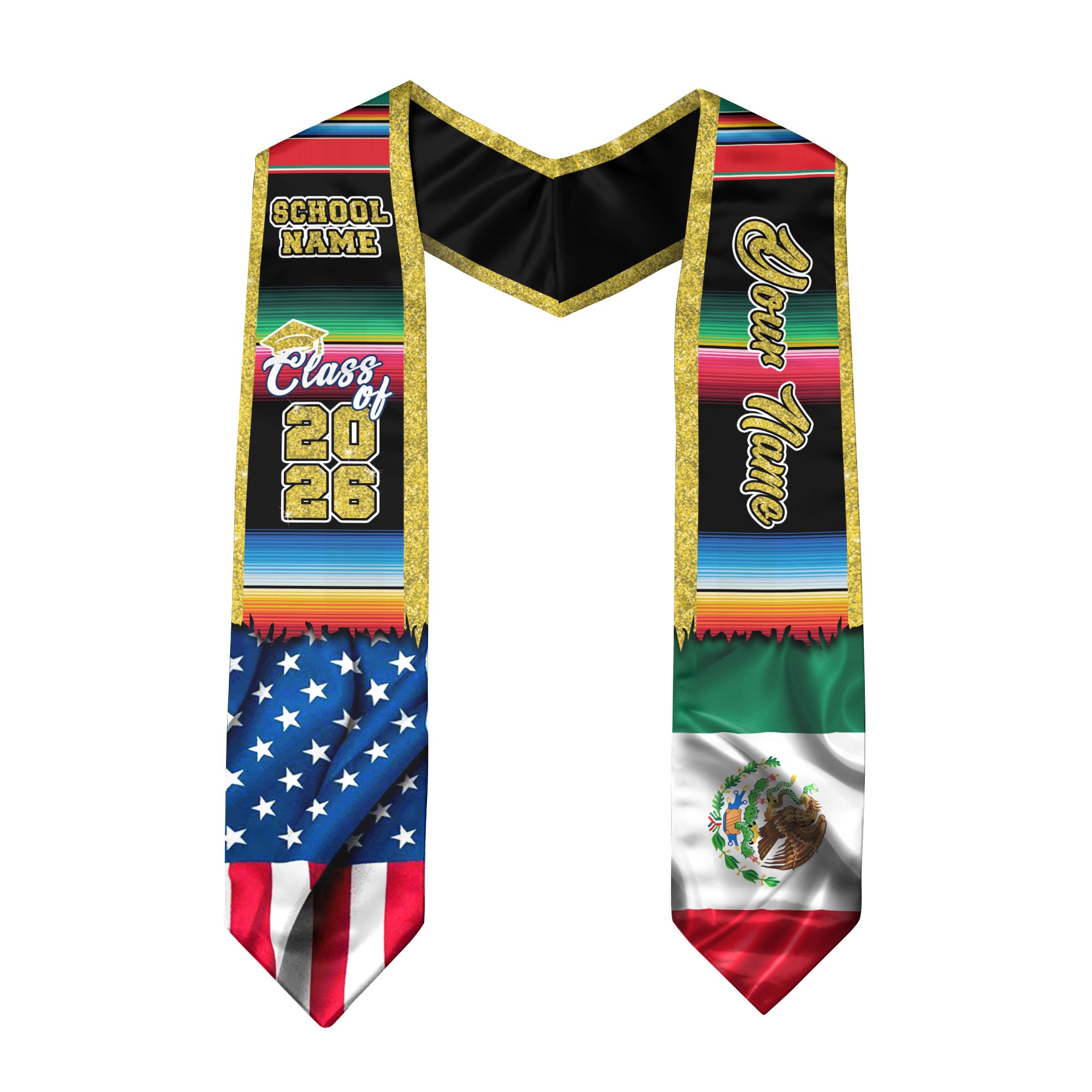Custom Mexican Graduation Stole 2026 USA Mexico Flag Serape Gold Trim Sash