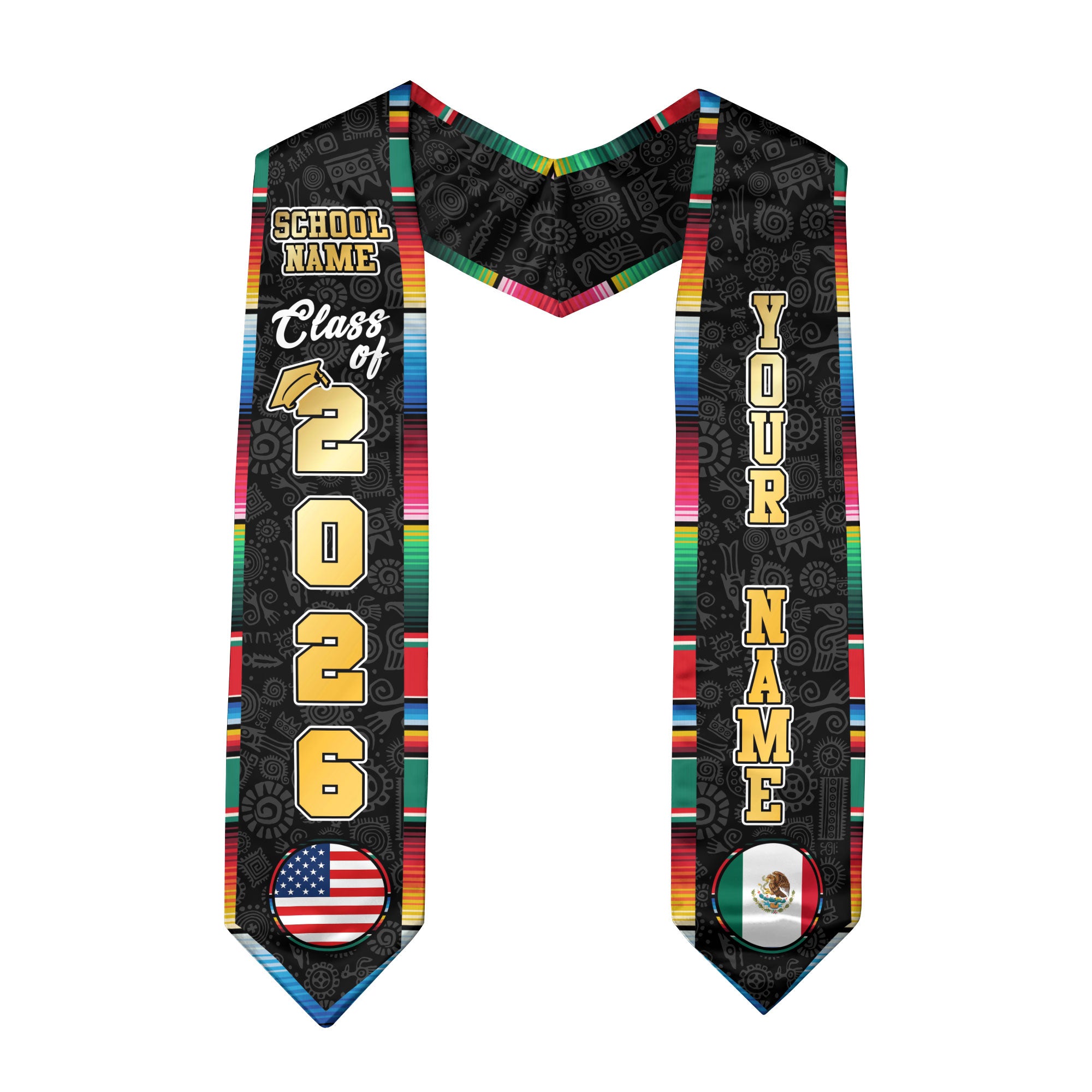 Custom Mexican Graduation Stole 2026 USA Mexico Flag Serape Eagle Emblem