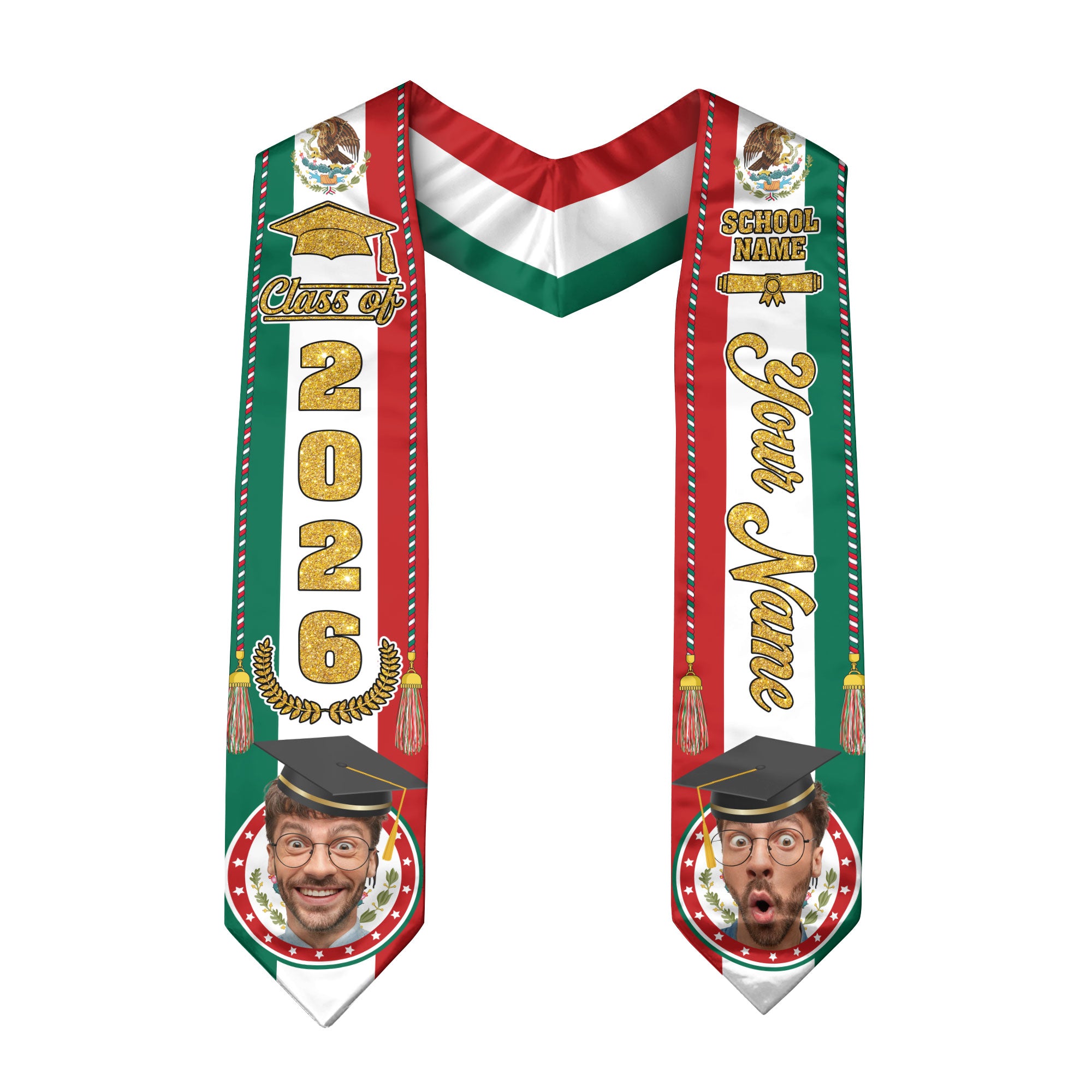 Custom Photo Mexican Aztec Stole 2026, Graduation Sash for Graduate Celebrating Mexico Pride