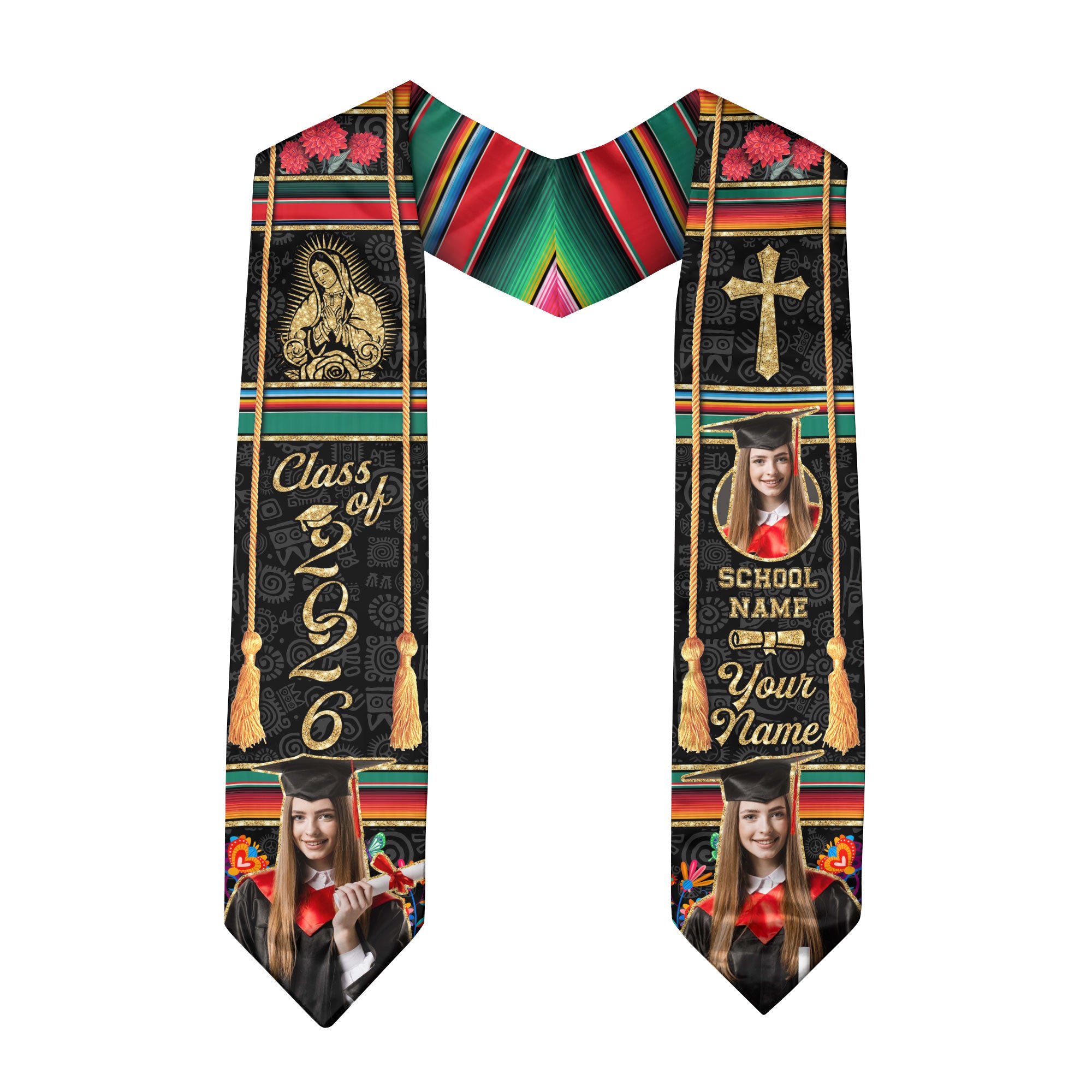 Custom Photo Mexican Graduation Stole 2026 Aztec Virgin Mary & Cross Graduation Sash Mexico