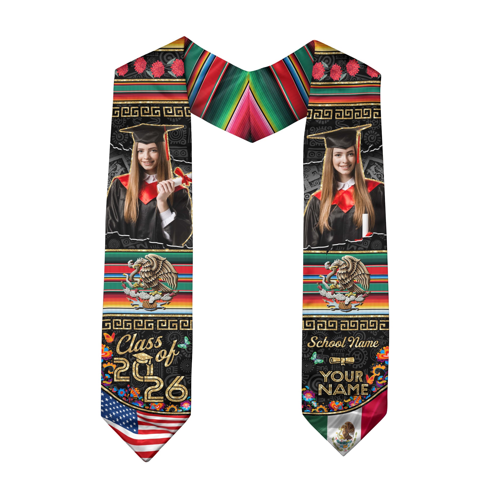 Custom Photo Mexican Graduation Stole 2026 Aztec Eagle & USA Flag Graduation Sash Mexican
