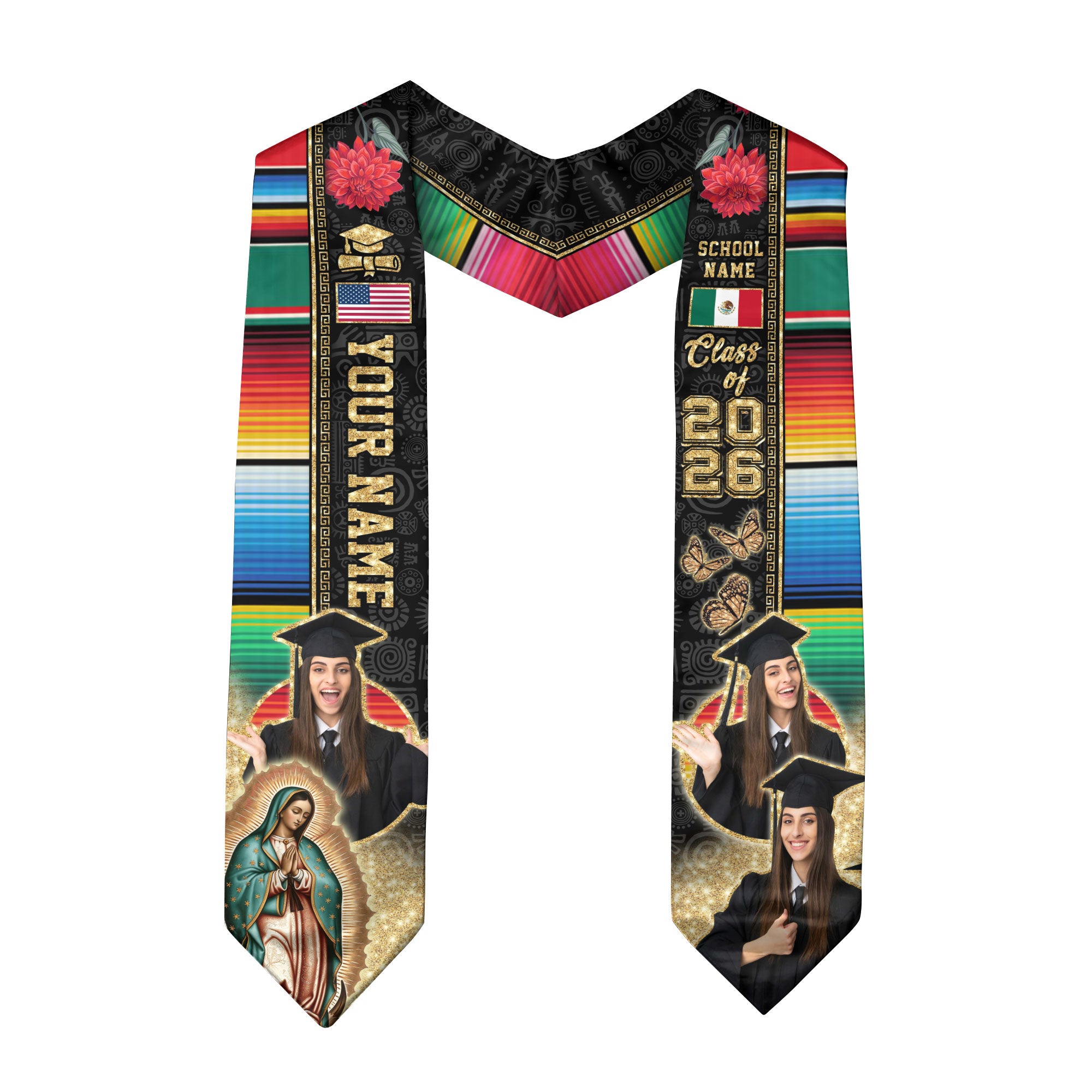 Graduation Stole Mexican with Aztec Patterns Serape USA & Mexico Flag Custom Photo Sash 2026