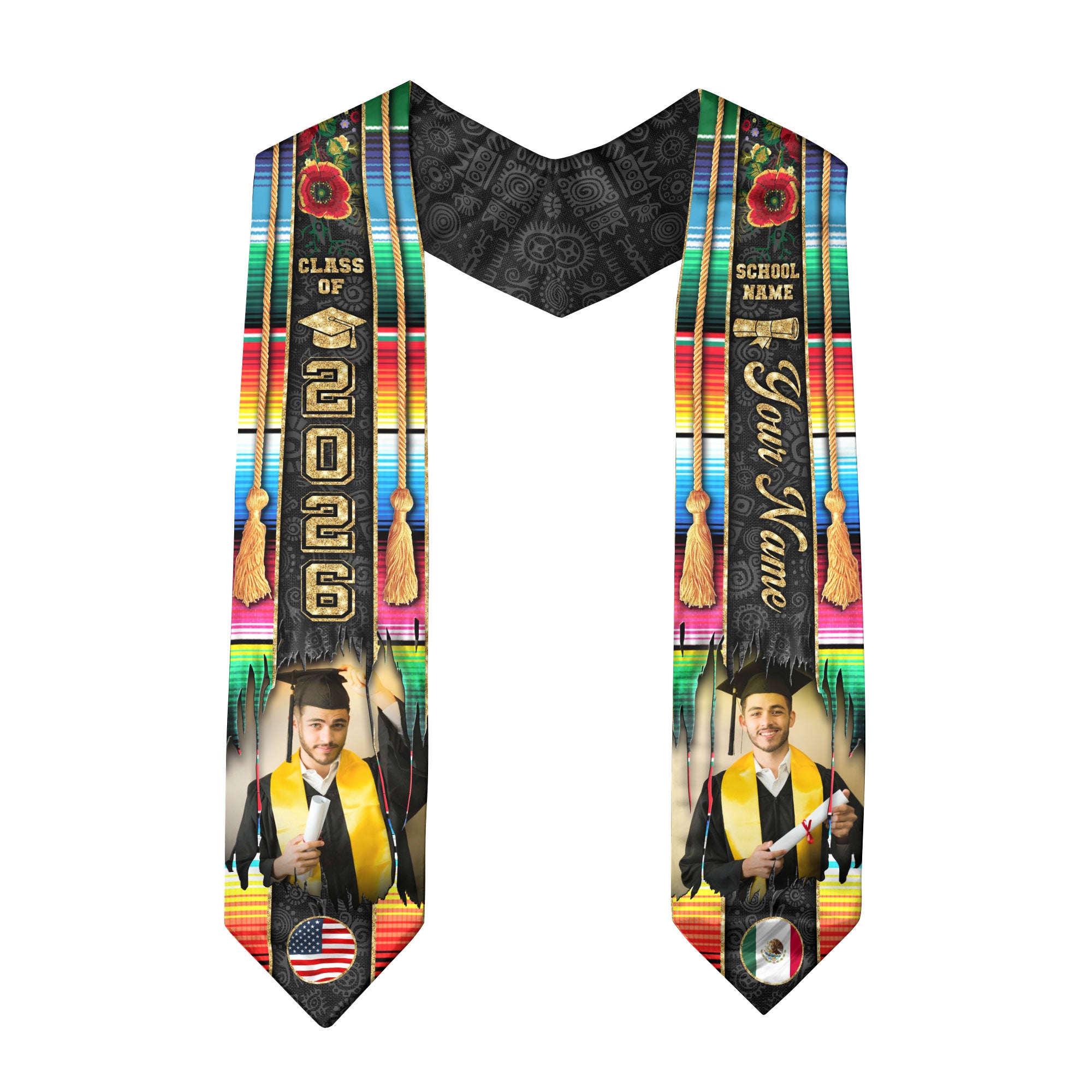 Custom Photo Mexican Graduation Stole 2026 Aztec Serape Rose USA Mexico Flag Sash
