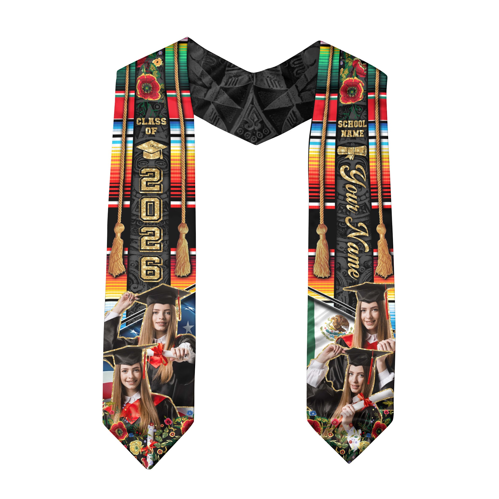 Custom Mexican Graduation Sash 2026 Aztec Patterns Serape Rose USA Mexico Flag Photo