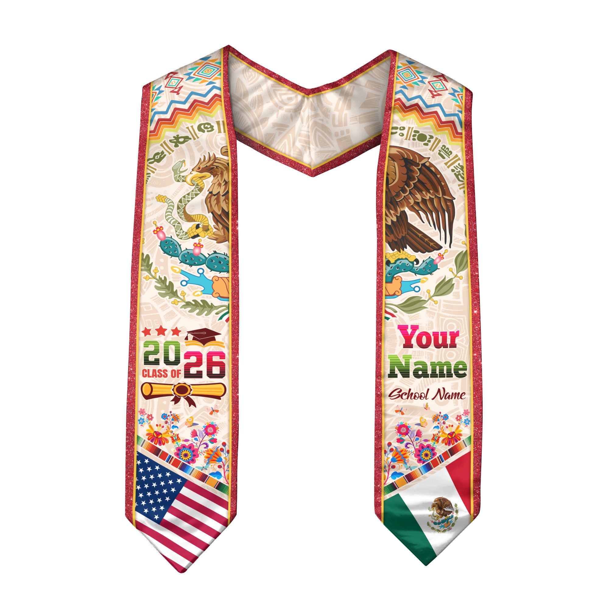 Personalized 2026 Graduation Stole – USA & Mexico Eagle Heritage Senior Sash with Serape Pattern Design