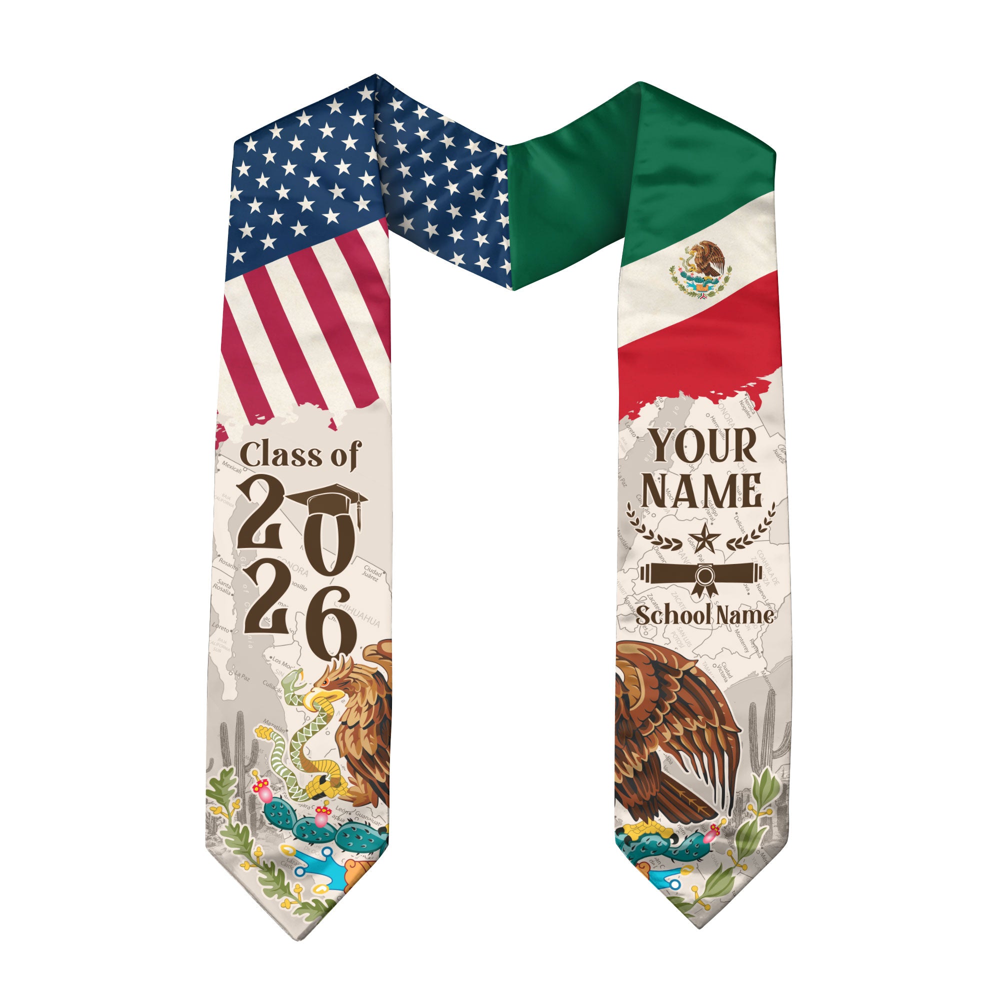 Custom Class of 2026 Graduation Stole – USA & Mexico Flag Senior Sash with Eagle Crest Design