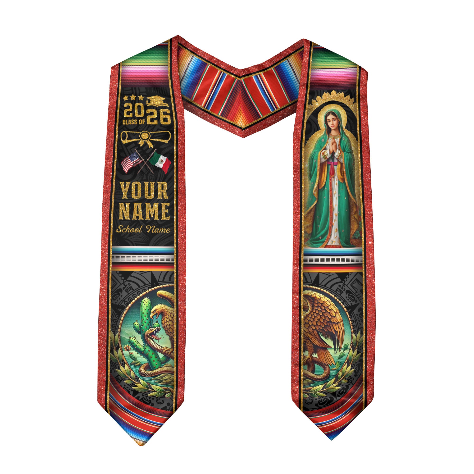 Virgen de Guadalupe 2026 Graduation Stole – Custom USA & Mexico Senior Sash with Eagle Emblem & Serape Detail