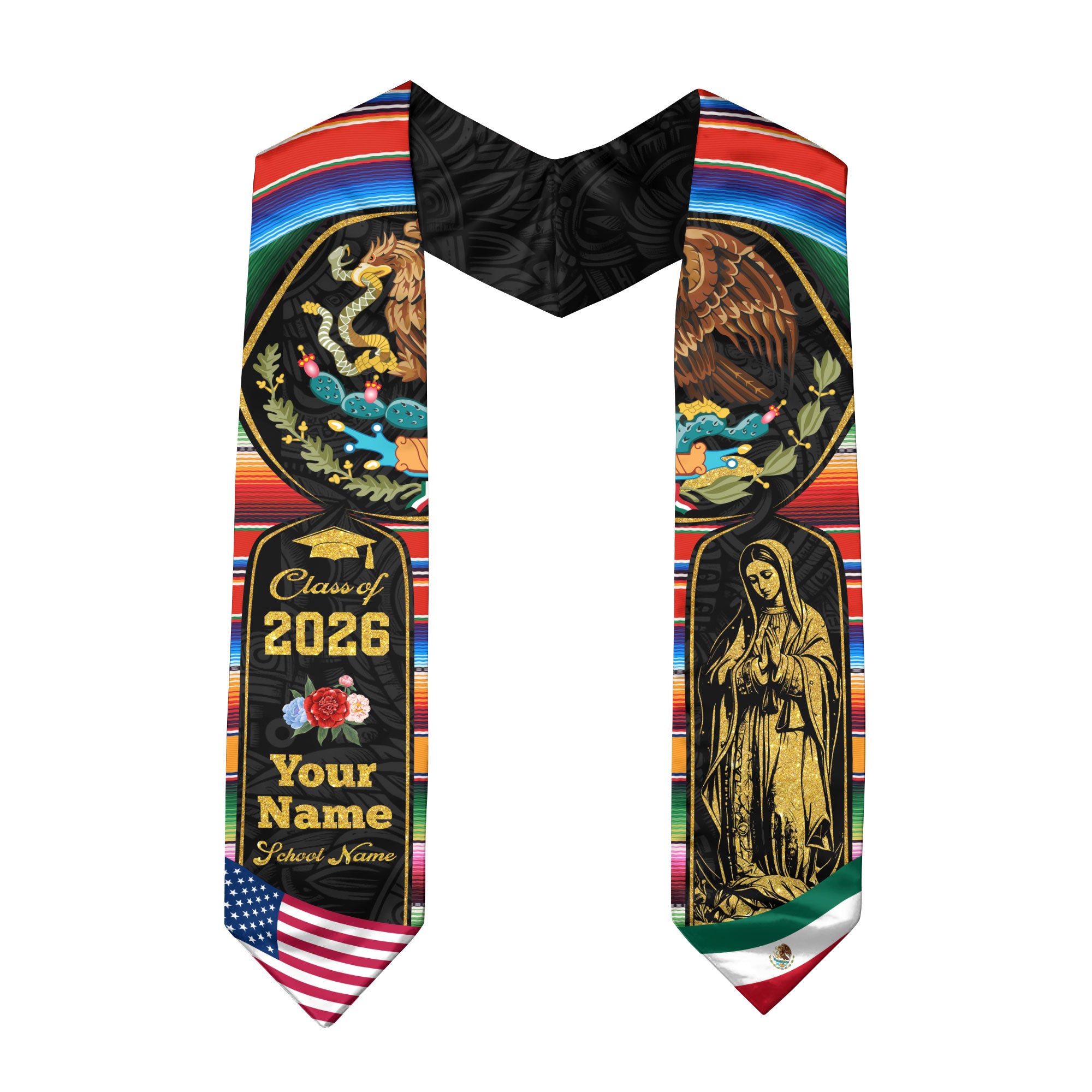 Class of 2026 Heritage Graduation Stole – Personalized USA & Mexico Sash with Golden Virgen & Eagle Crest