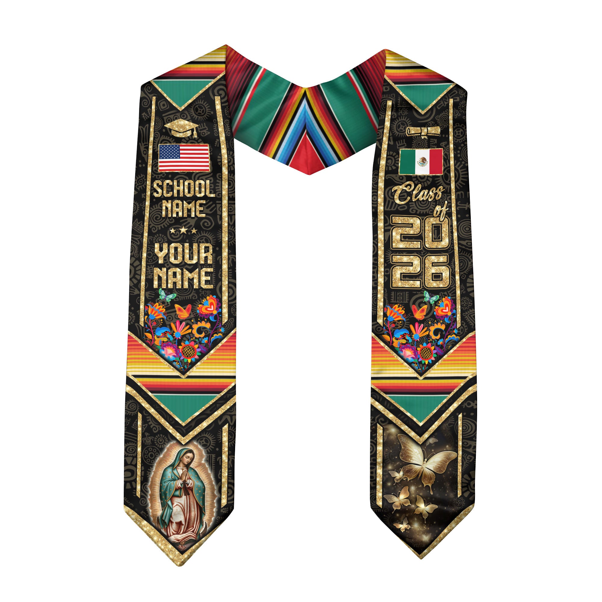 Custom Virgen de Guadalupe 2026 Graduation Stole – Personalized Mexican Heritage Class Sash