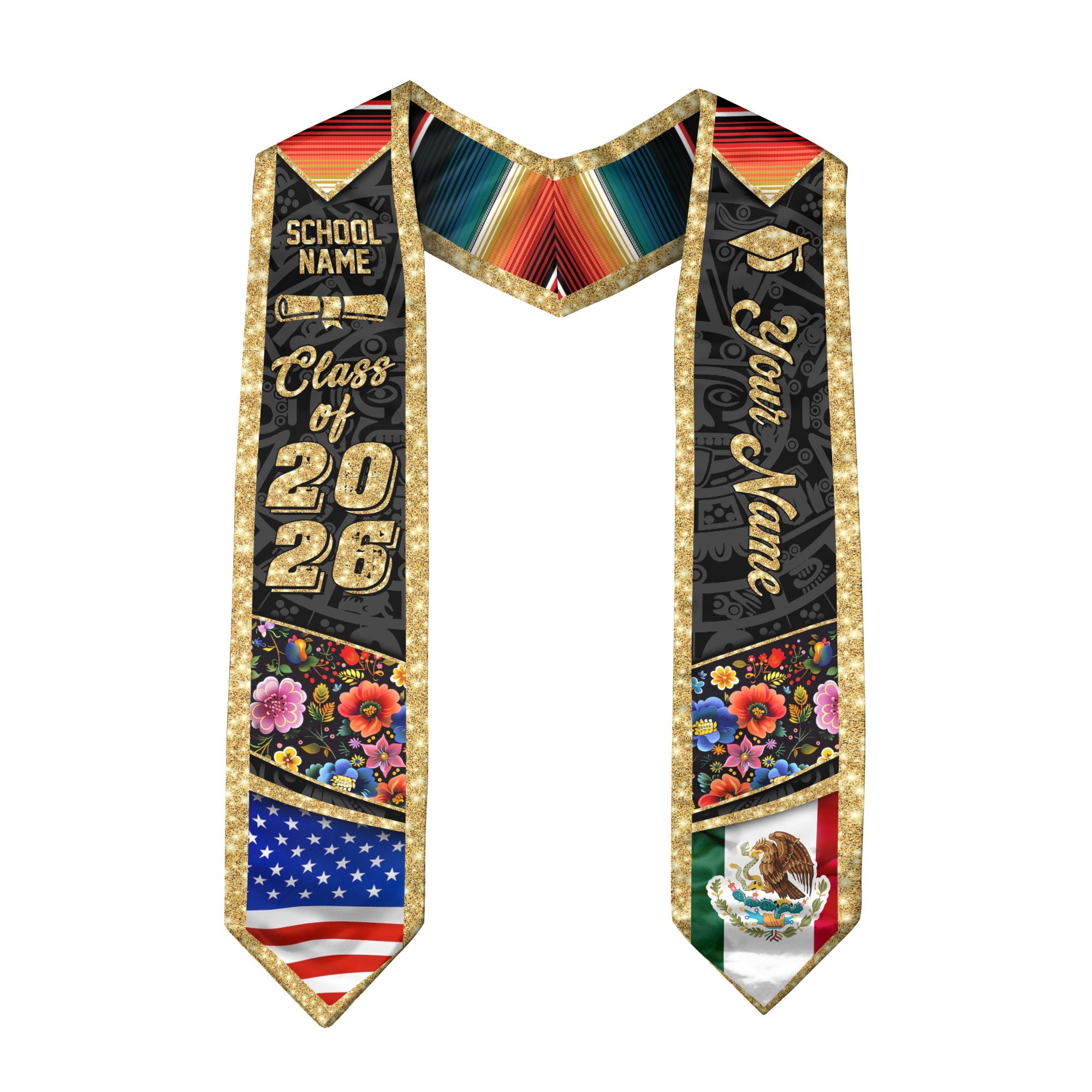Custom Class of 2026 Graduation Stole – Personalized USA & Mexico Flag Senior Sash with Floral Gold Design