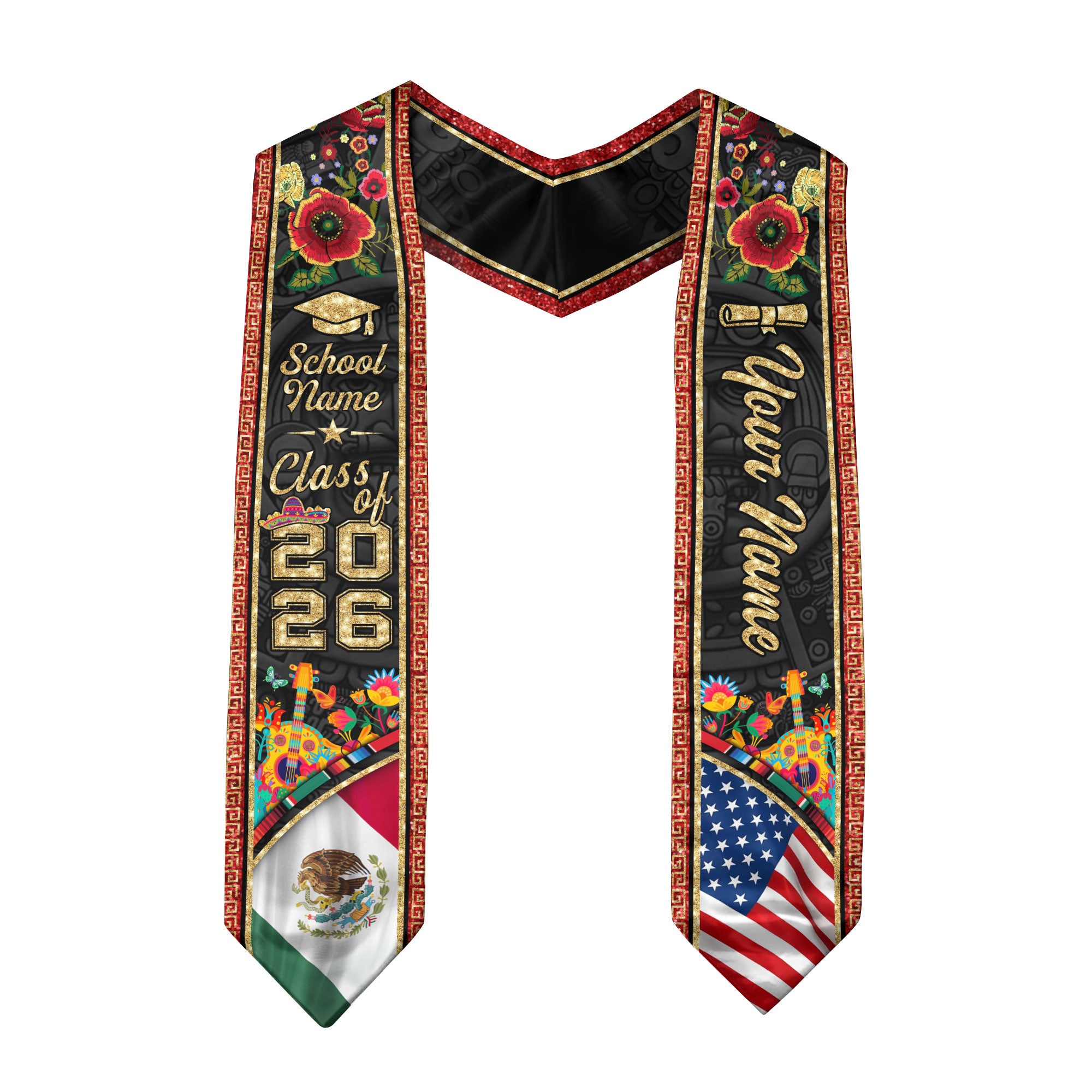 Personalized 2026 Graduation Stole – Mexican & American Heritage Senior Sash with Red Floral Gold Detail