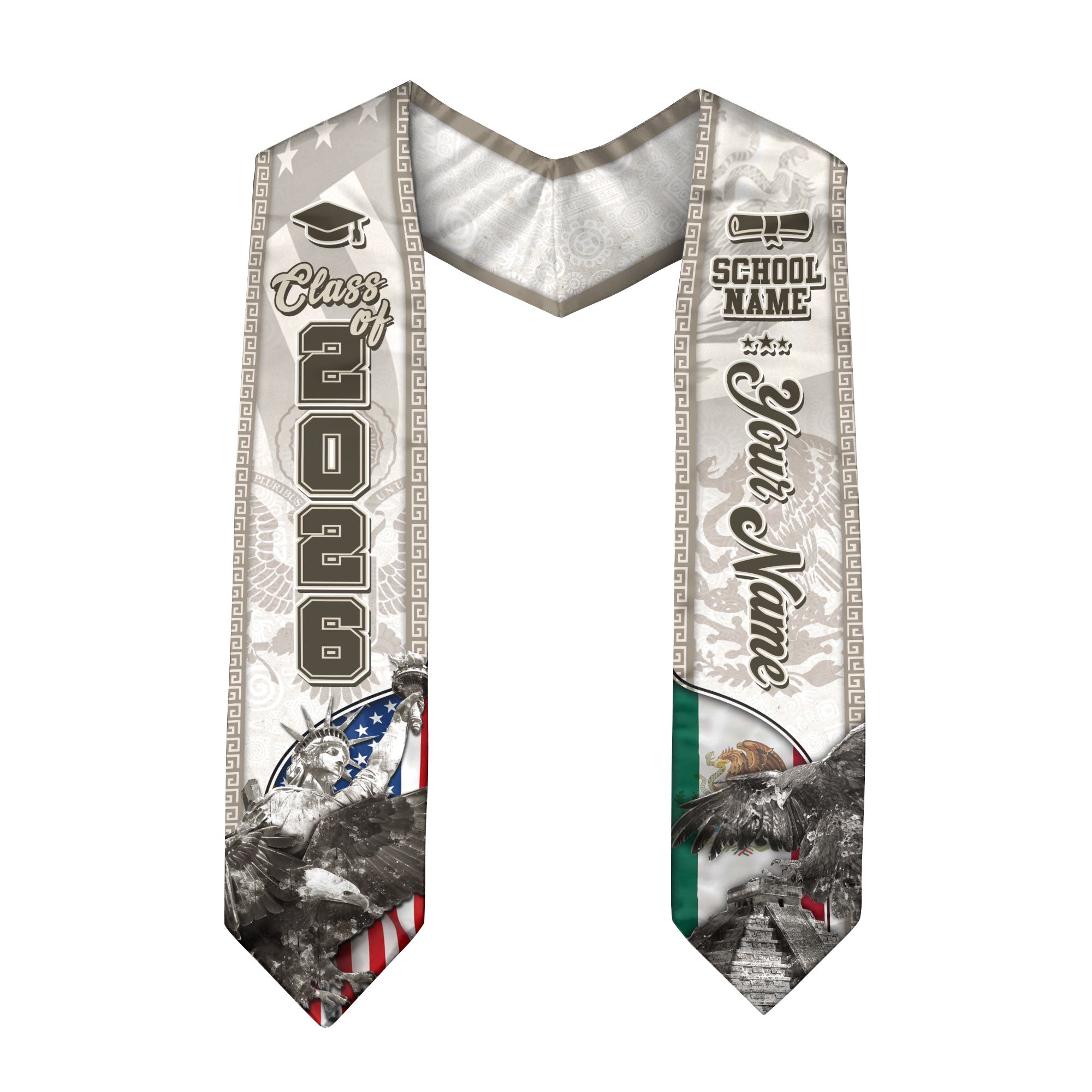 Class of 2026 Silver Graduation Stole – USA & Mexico Pride Senior Sash with Eagle & Statue Design