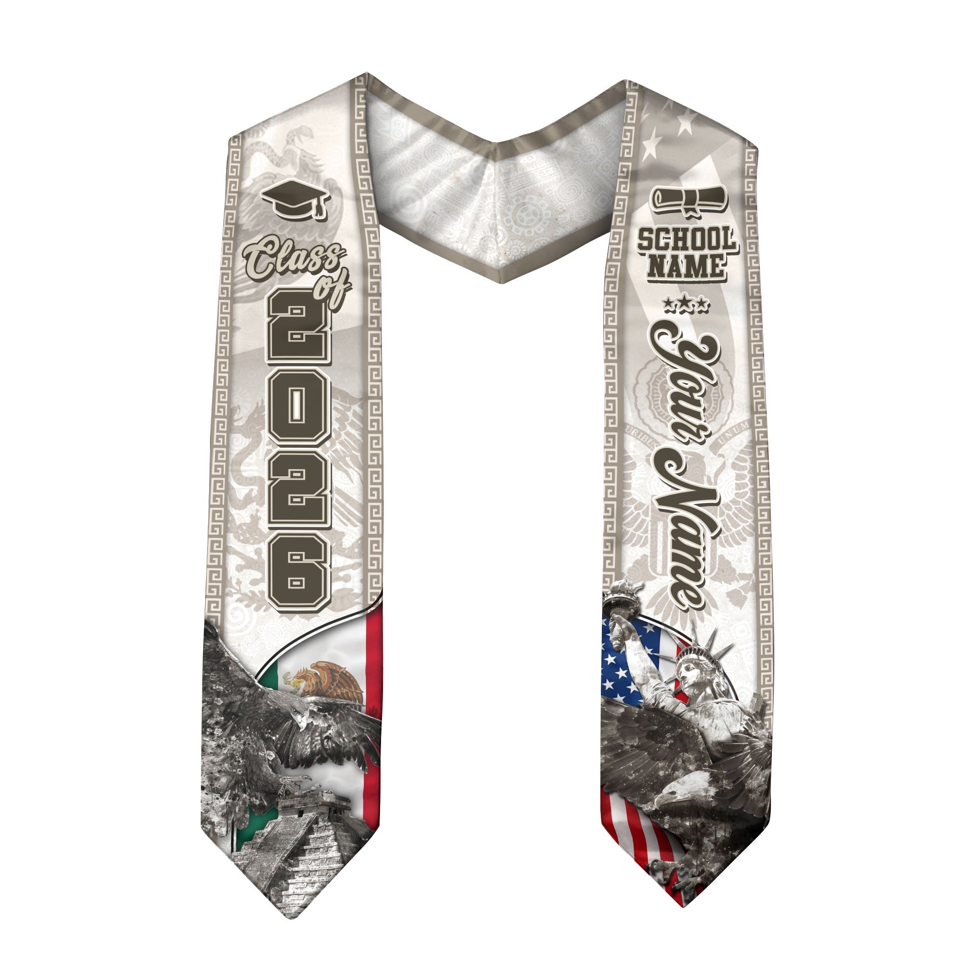 Class of 2026 Silver Graduation Stole – USA & Mexico Pride Senior Sash with Eagle & Statue Design