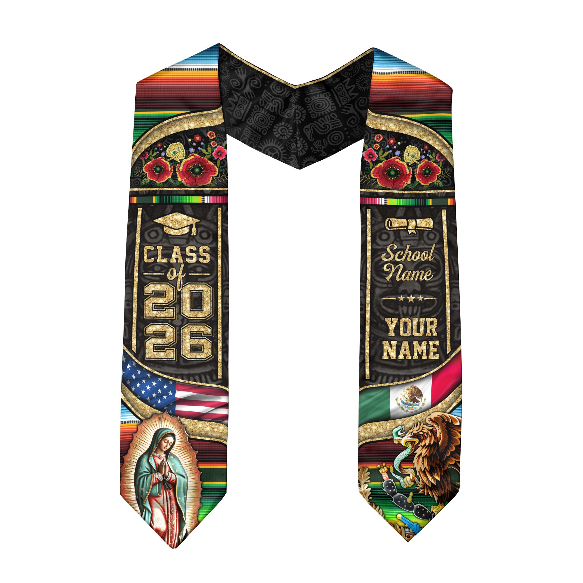 Virgen de Guadalupe 2026 Graduation Stole – Personalized USA & Mexico Heritage Senior Sash with Eagle & Serape Design