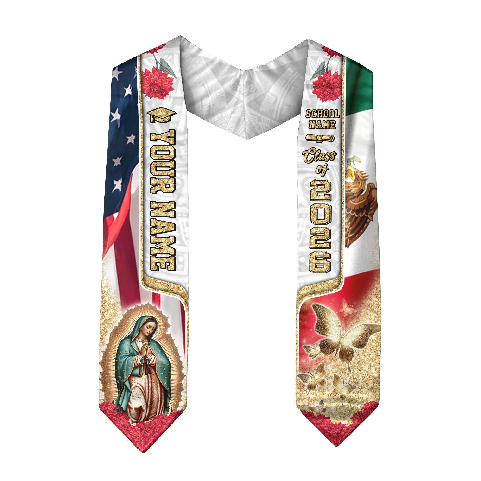 Custom Class of 2026 Graduation Stole – Virgen de Guadalupe USA & Mexico Senior Sash with Gold Butterfly Design