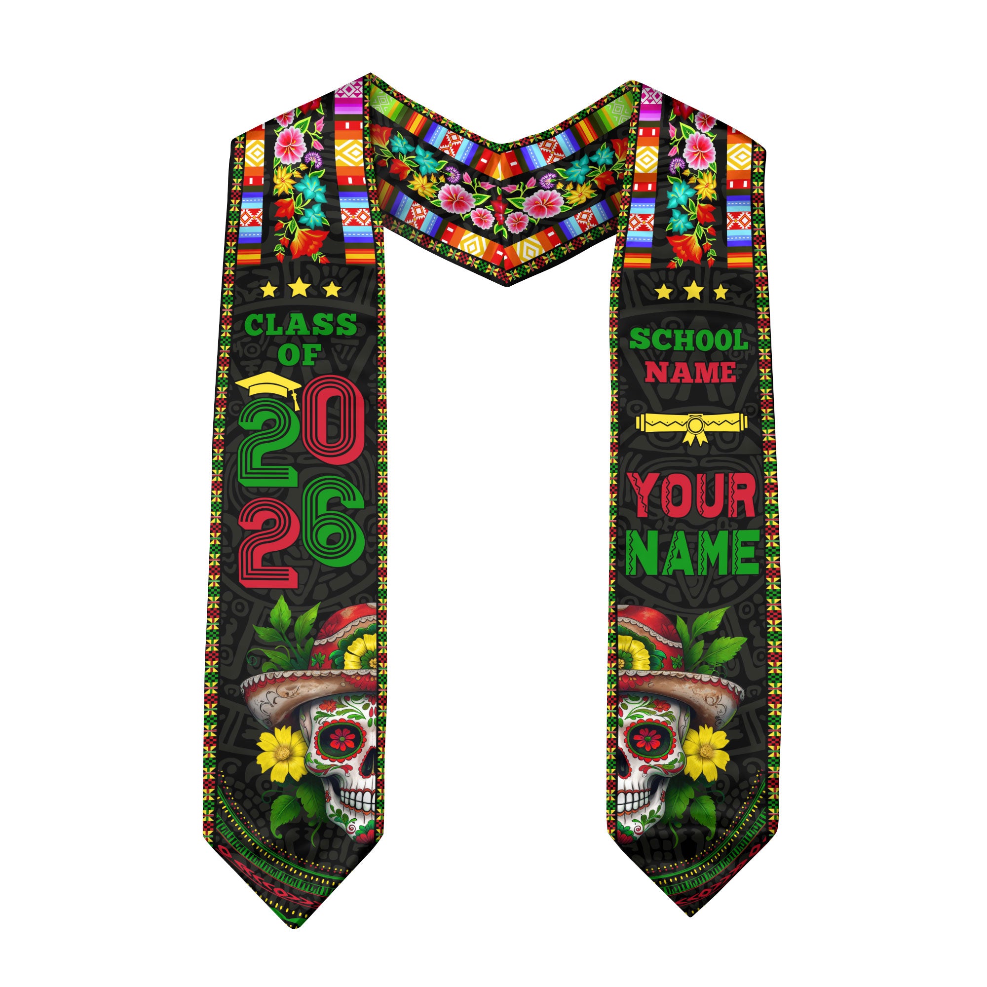 Custom Class of 2026 Graduation Stole – Mexican Serape & Sugar Skull Design, Personalized School and Name Sash