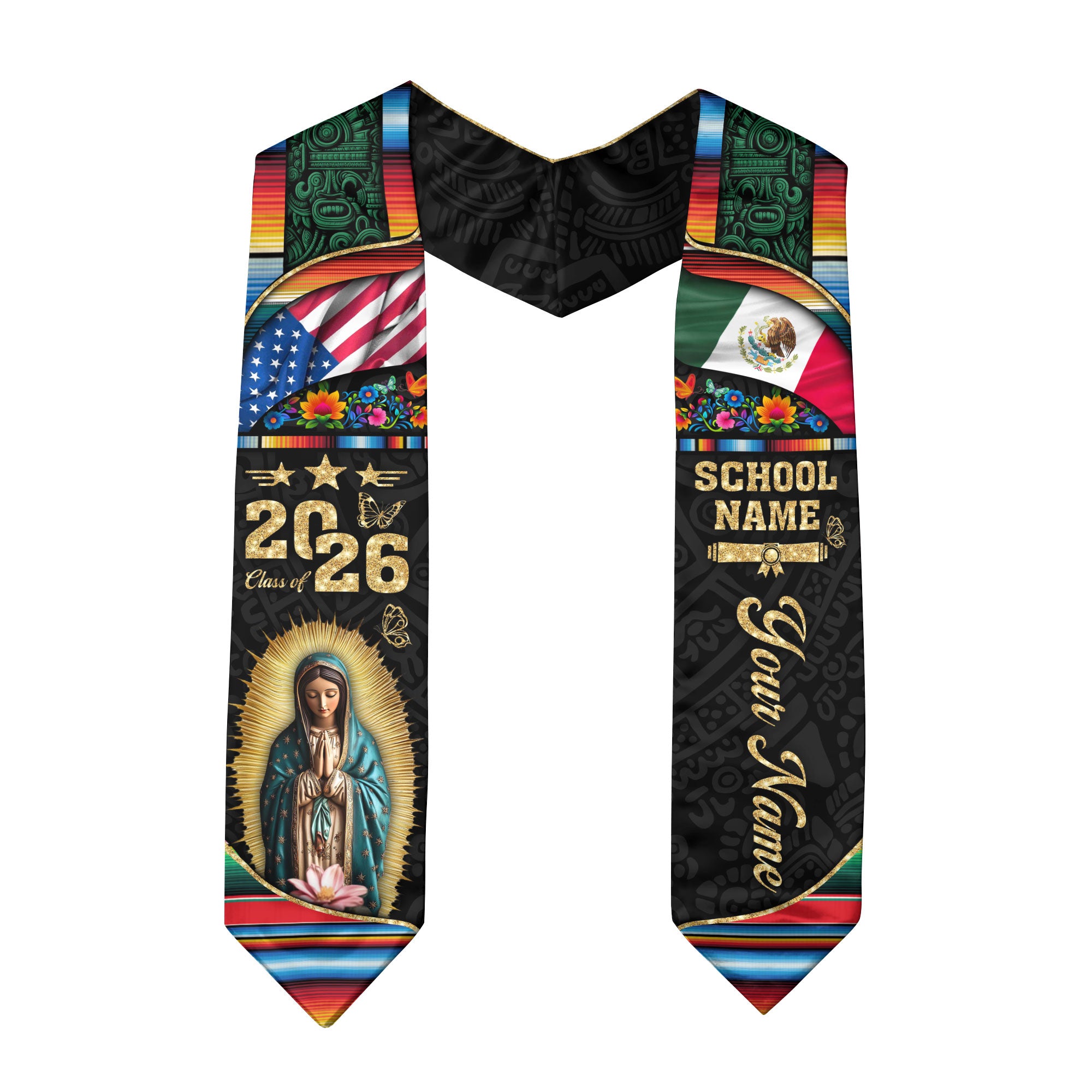 Custom Virgen de Guadalupe Class of 2026 Graduation Stole – USA & Mexico Flag Personalized Senior Sash