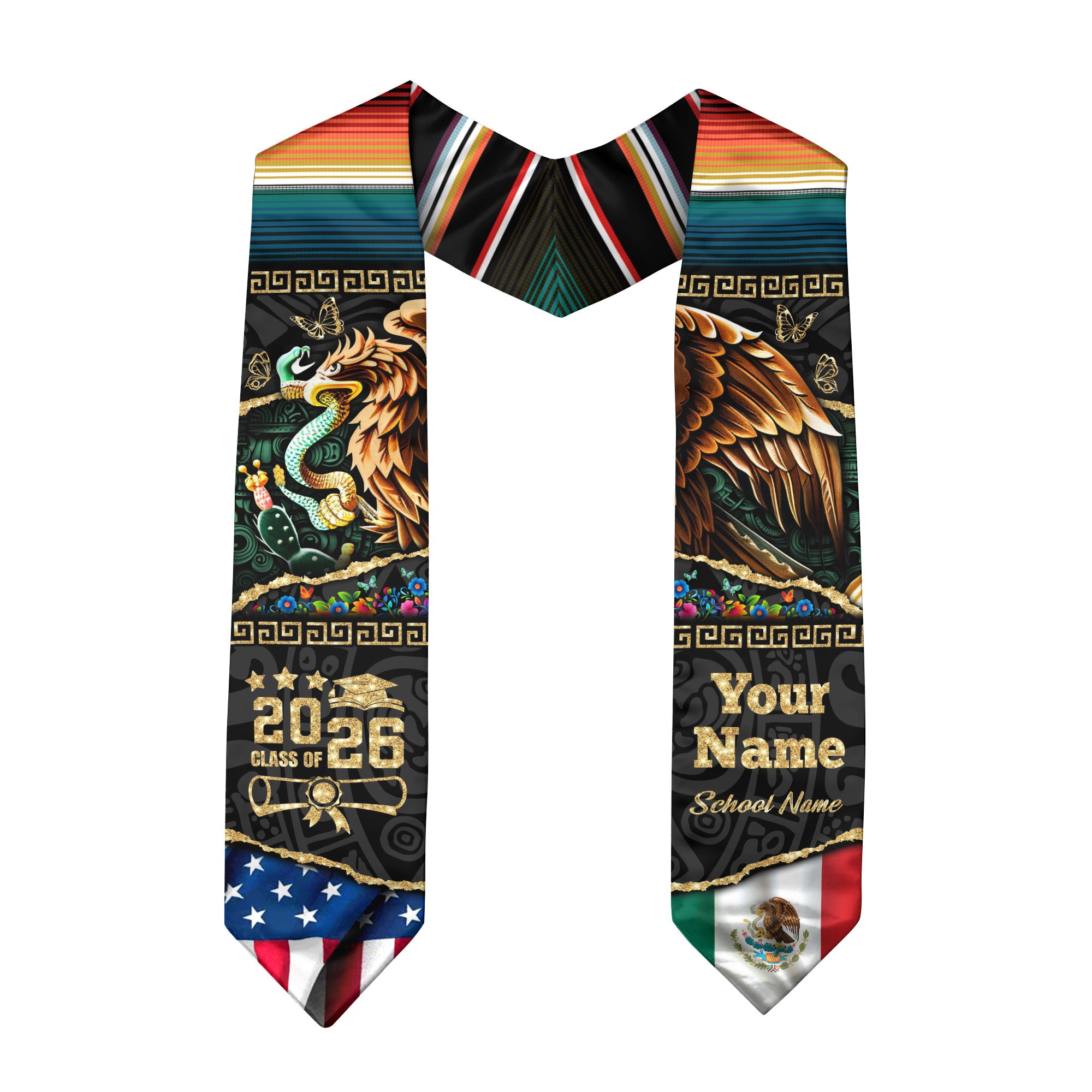 Custom Aztec Eagle Class of 2026 Graduation Stole – USA & Mexico Flag Personalized Senior Sash