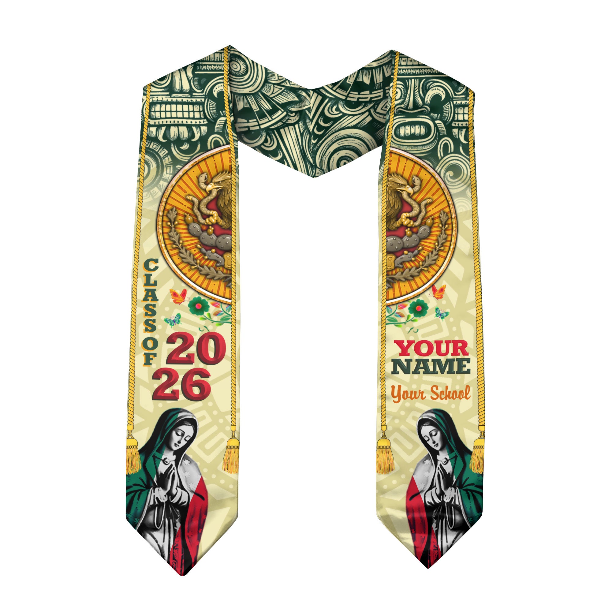 Custom Aztec Sun & Virgen Graduation Stole 2026 – Personalized Class of 2026 Senior Sash with School Name