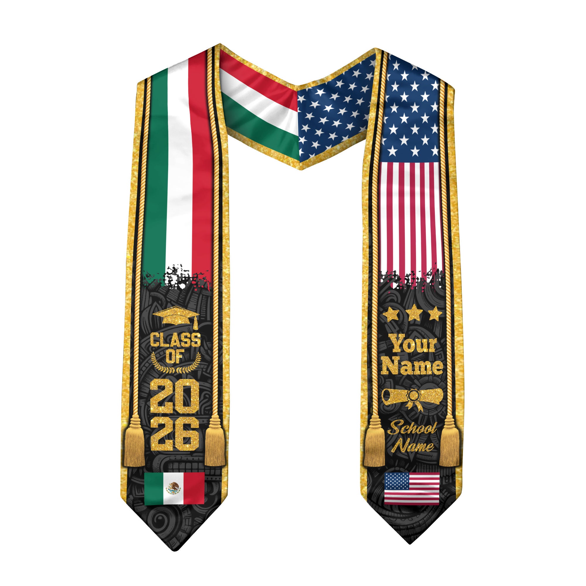 Custom USA & Mexico Flag Graduation Stole 2026 – Personalized Class of 2026 Senior Sash with Gold Tassel Design