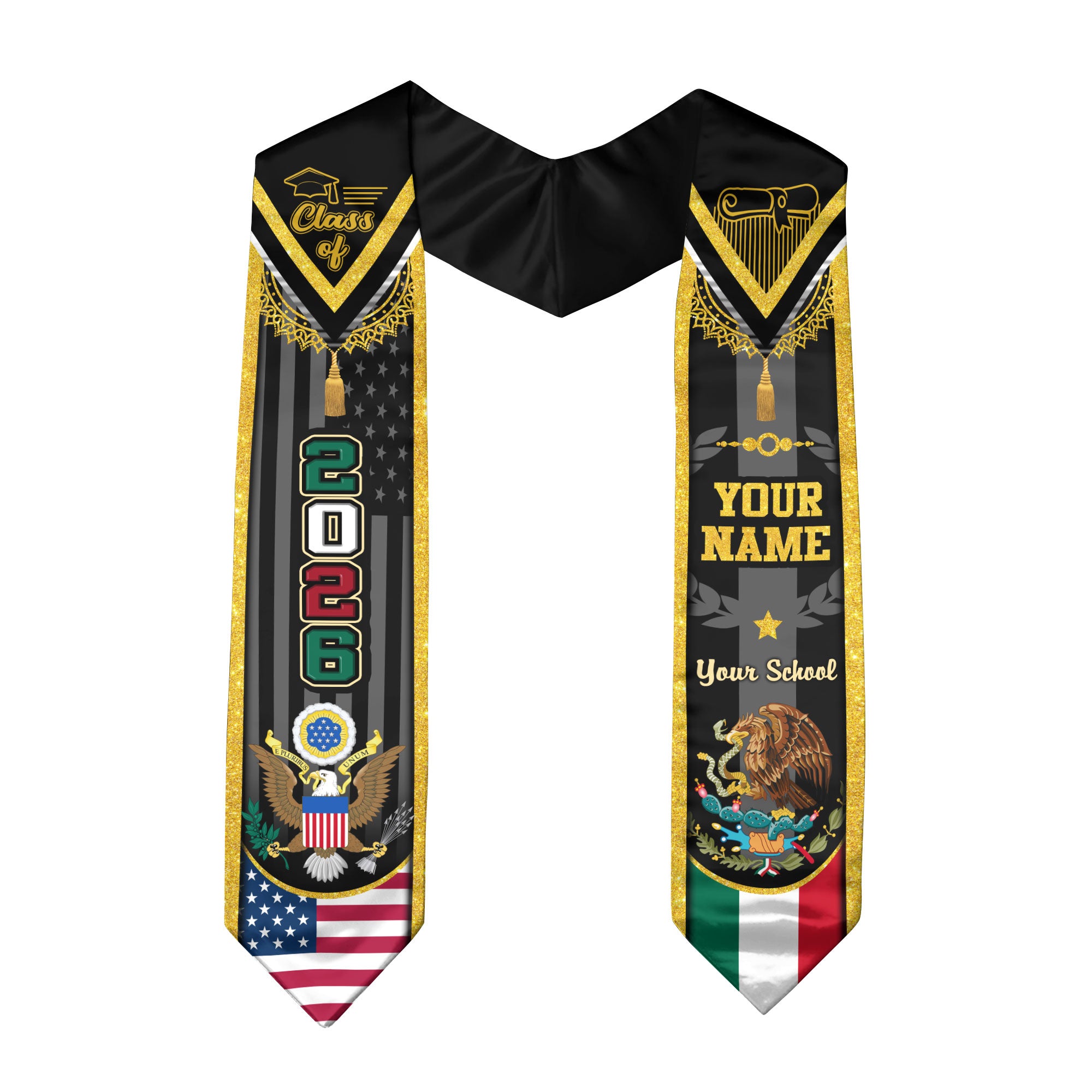 Custom USA Mexico Heritage Graduation Stole 2026 – Personalized Senior Sash with Eagle Crest & National Flag Design