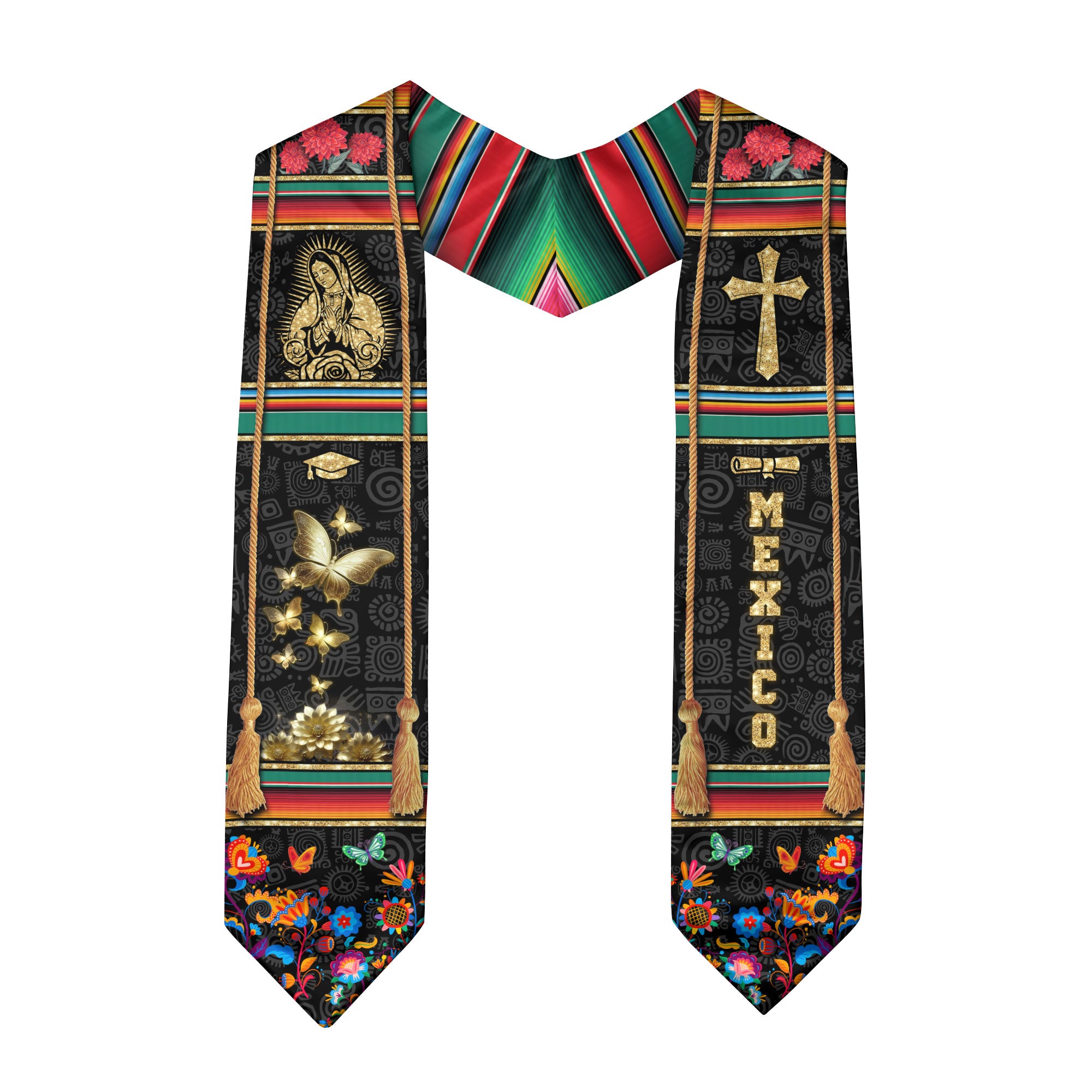 Mexican Graduation Stole Mexico Sash Aztec Virgin Mary Cross Butterfly 2026