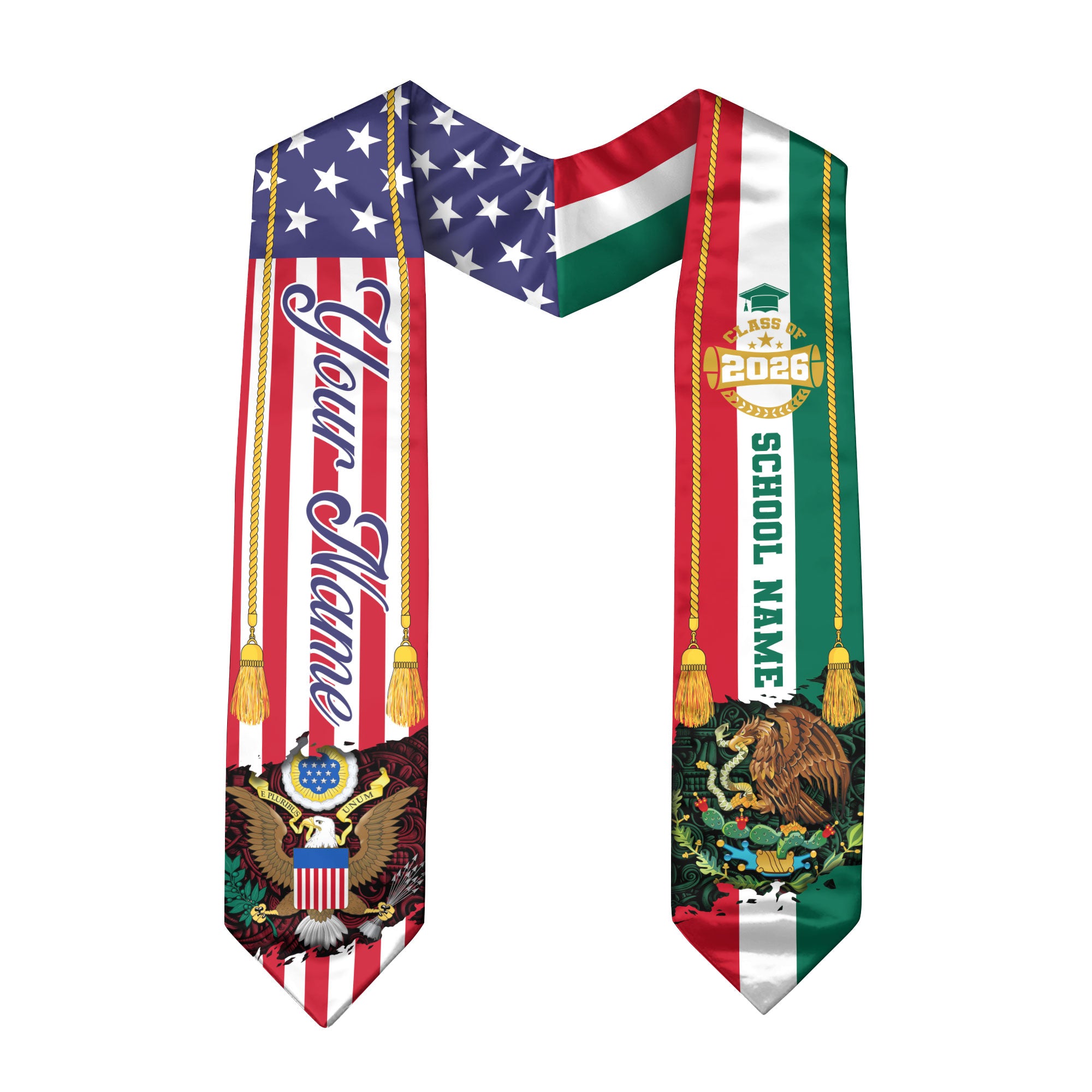 Personalized Mexican American Graduation Sash Class of 2026 Flag Eagle Name Stole