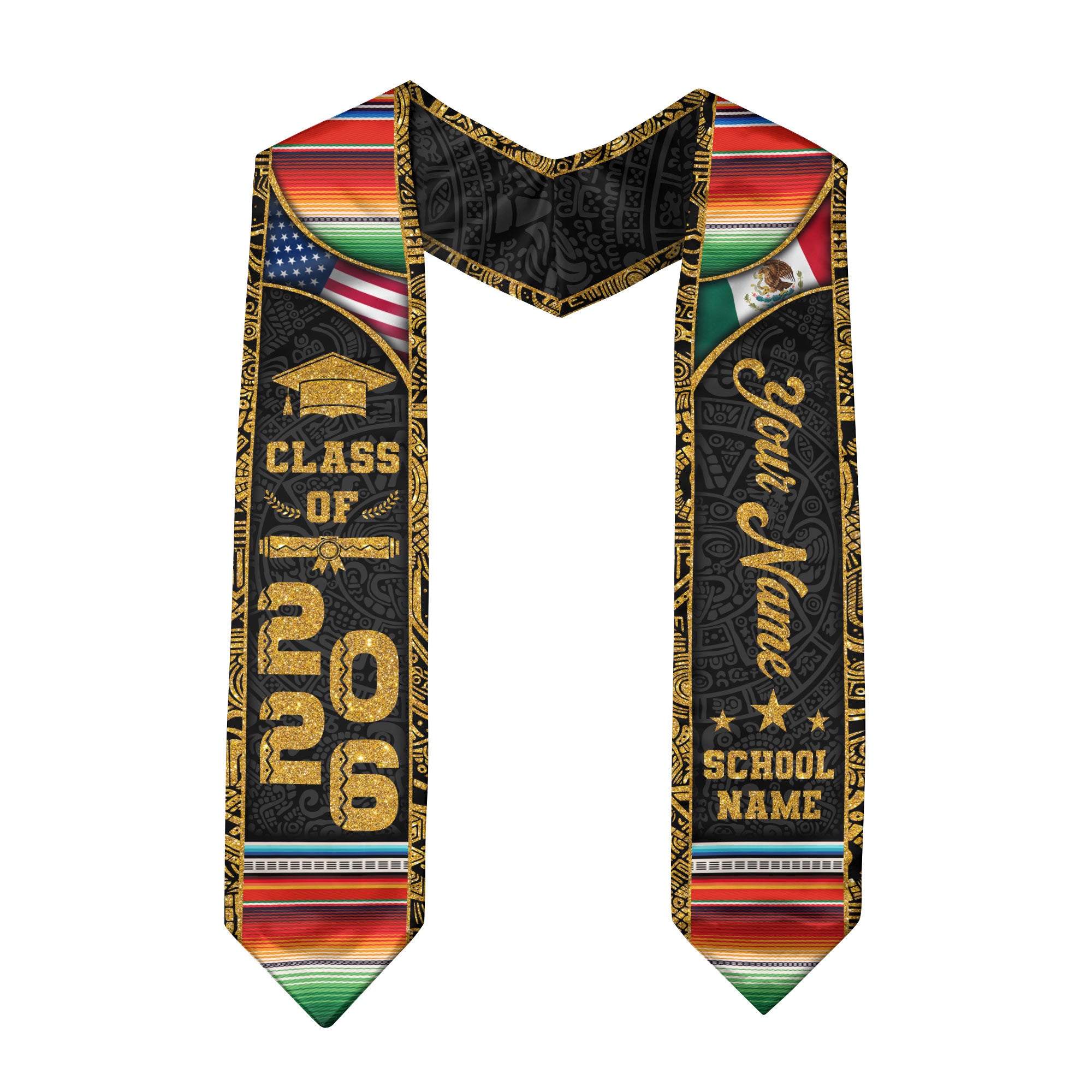 Custom Mexican Graduation Stole Class of 2026 Serape Stripe Aztec Pattern Name Sash