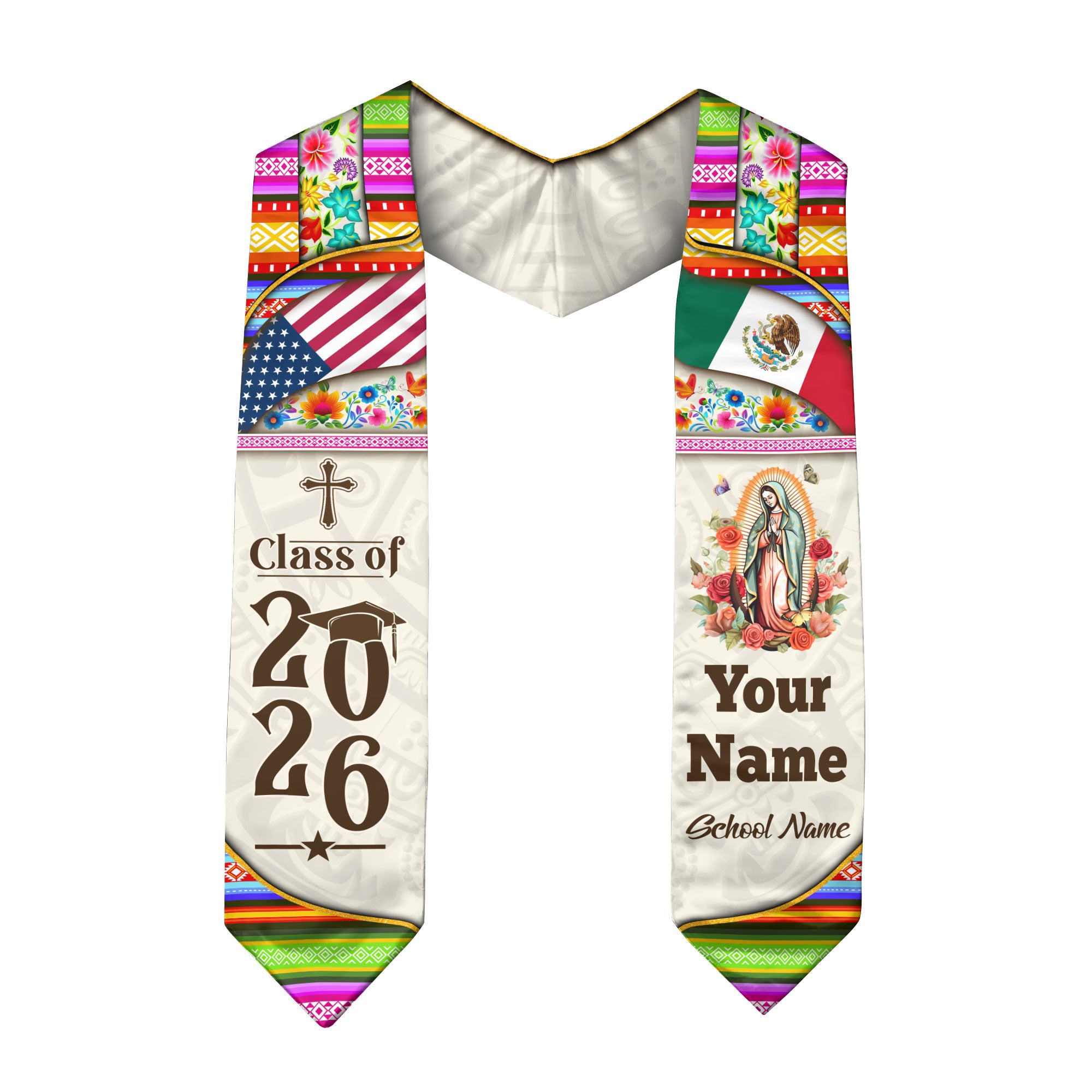 Custom Mexican Graduation Stole Mexico Sash Virgin Mary Cross Aztec Floral USA Flag 2026