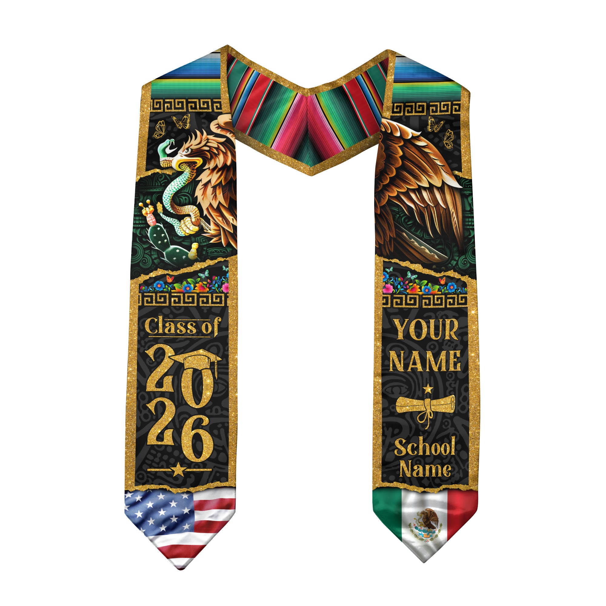 Custom Mexican Graduation Stole Mexico USA Flag Aztec Eagle Serape Gold Class 2026