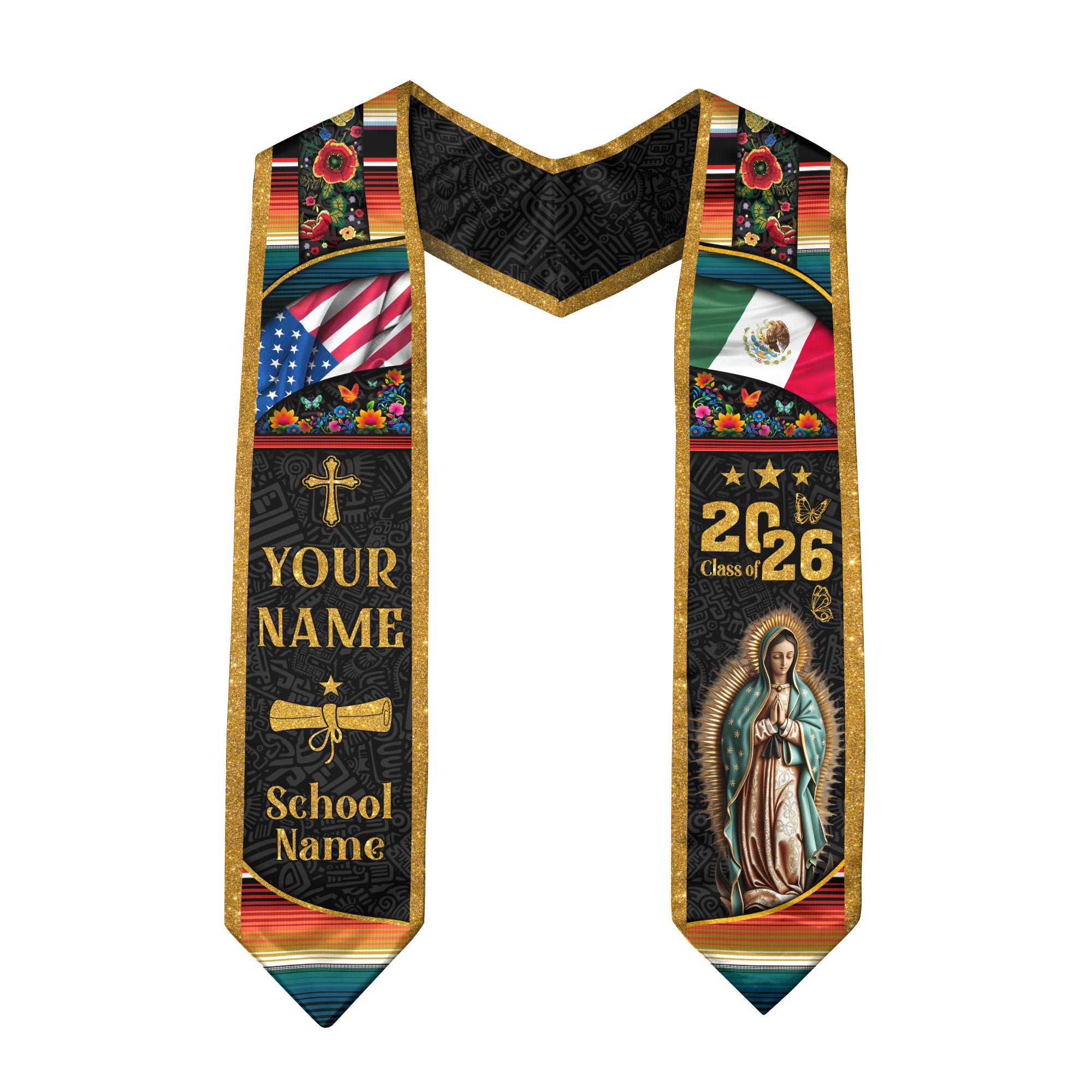 Custom Mexican Graduation Stole Mexico USA Flag Aztec Floral Virgin Mary 2026