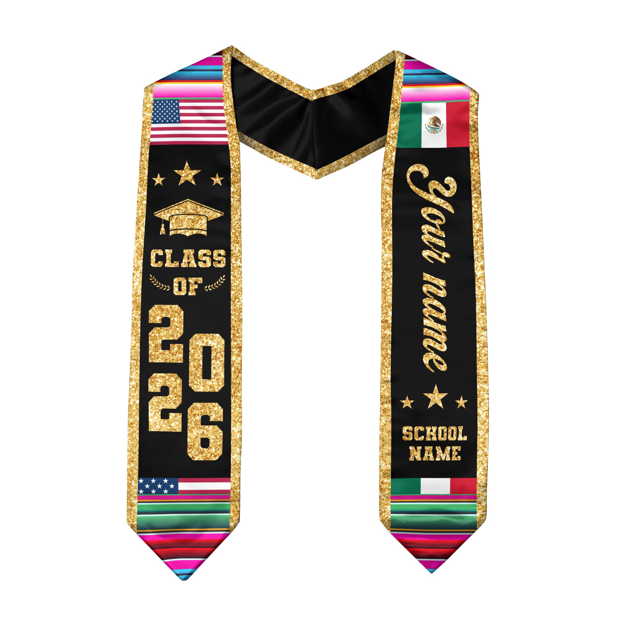 Mexican Graduation Stole Custom Name Mexico USA Flag Serape Gold Glitter Class 2026