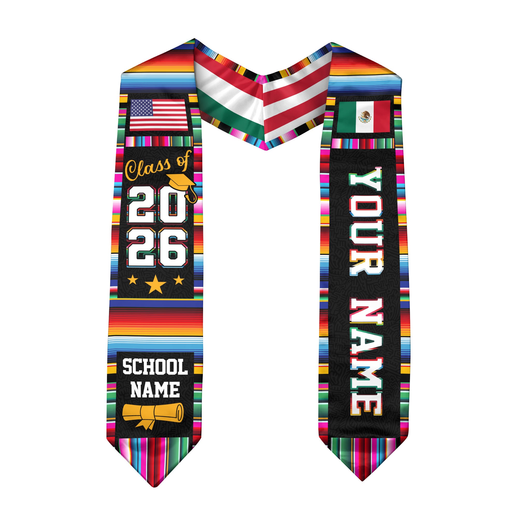 Custom Mexican Graduation Stole Mexico USA Flag Serape Class 2026 Personalized Name