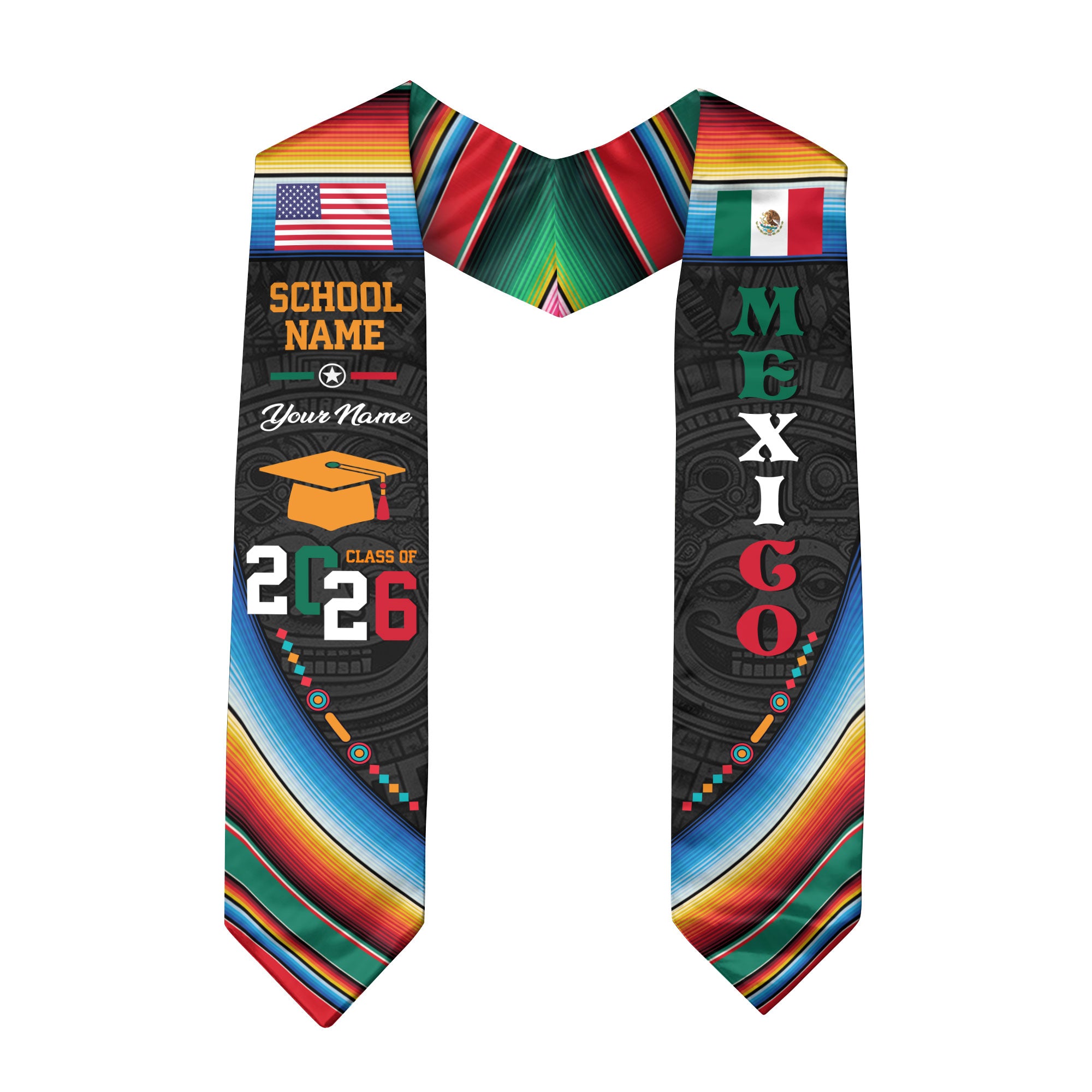 Custom Mexican Graduation Stole Mexico Sash Aztec Pattern Serape USA Flag 2026
