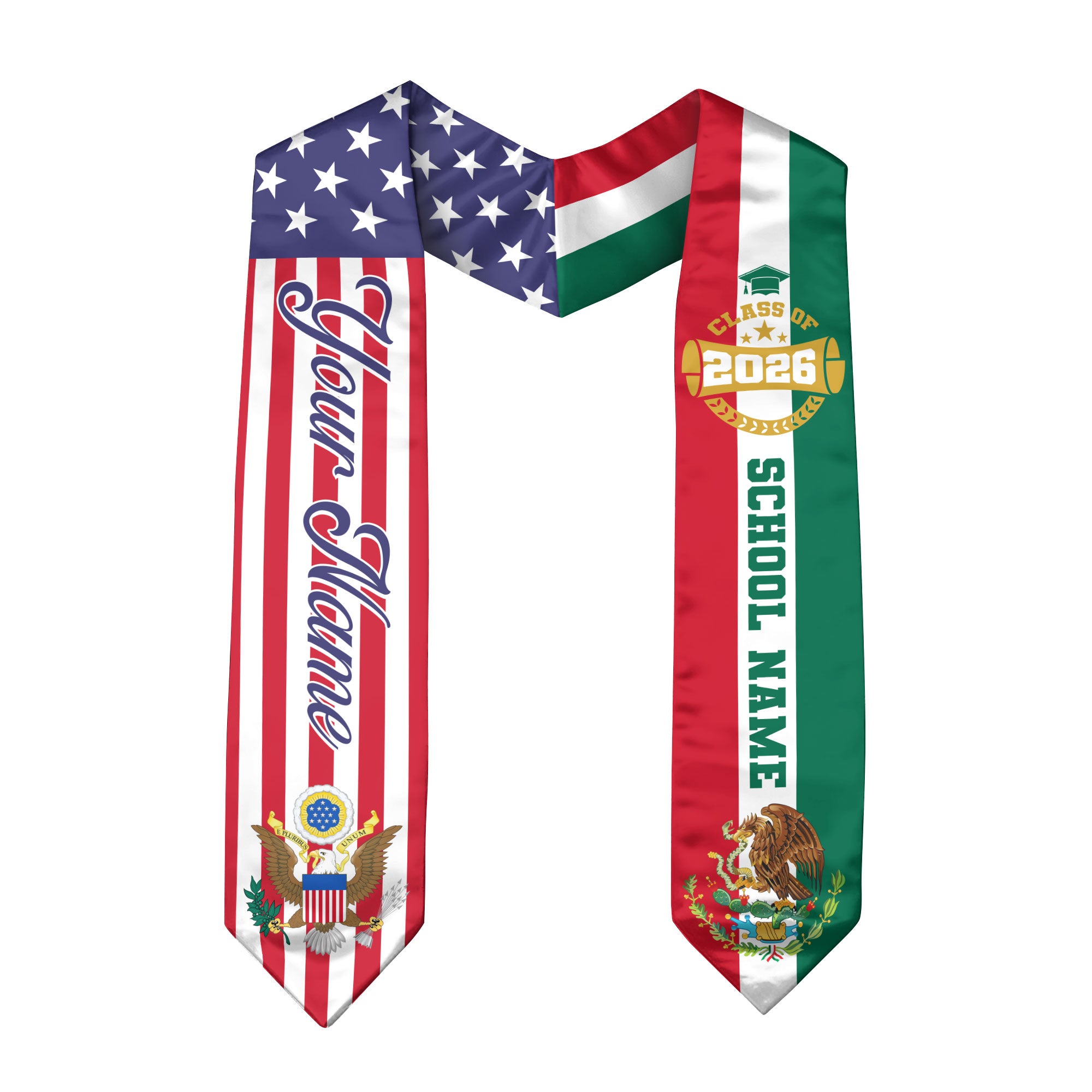 Mexican Graduation Stole Custom Name Mexico Sash USA Mexico Flag Eagle Emblem 2026
