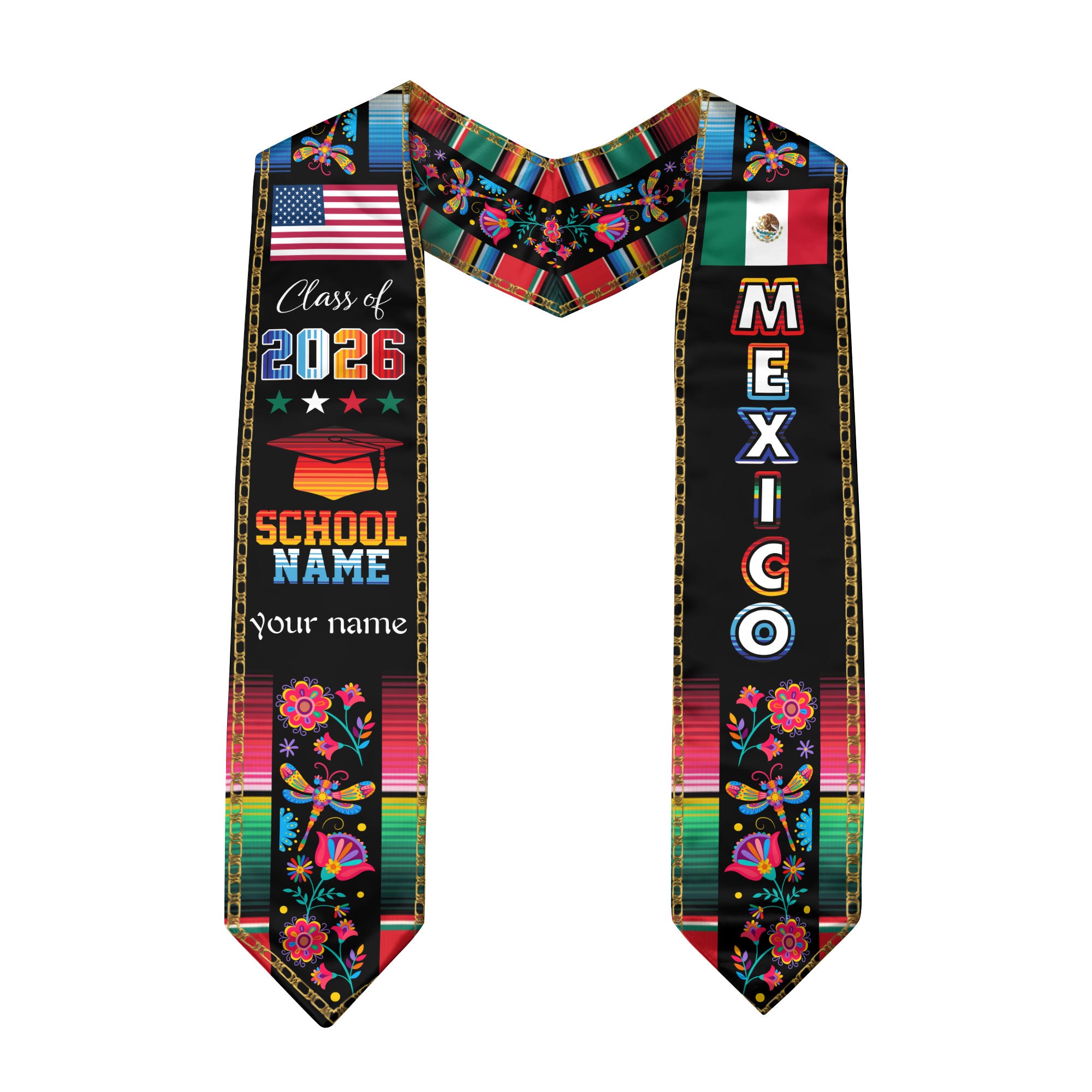 Custom Mexican Graduation Stole Mexico Sash Aztec Floral Butterfly Serape 2026