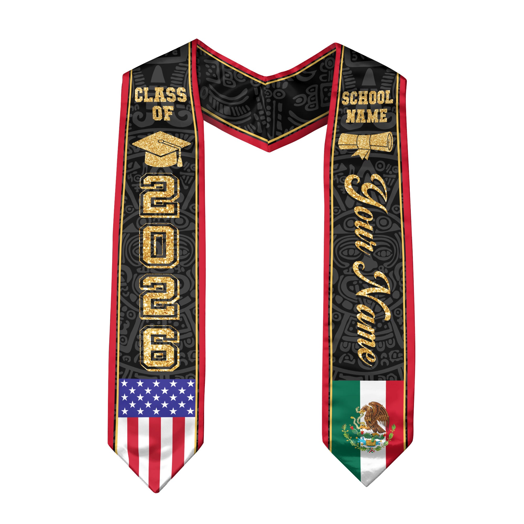 Mexican Graduation Stole Custom Name Mexico Sash Aztec Gold Glitter USA Flag 2026