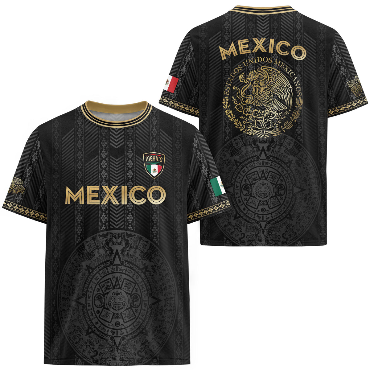 Camiseta de fútbol de México con diseño de calendario azteca, color negro y dorado
