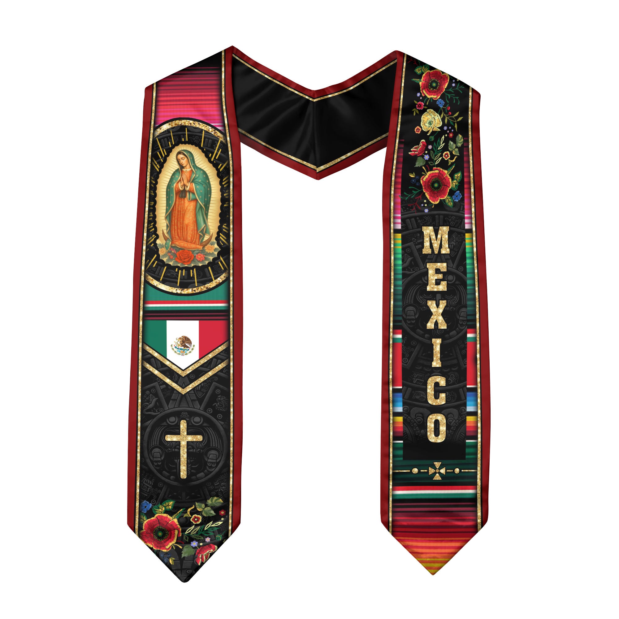 Mexican Graduation Stole Mexico Sash Aztec Virgin Mary Cross Serape Flowers