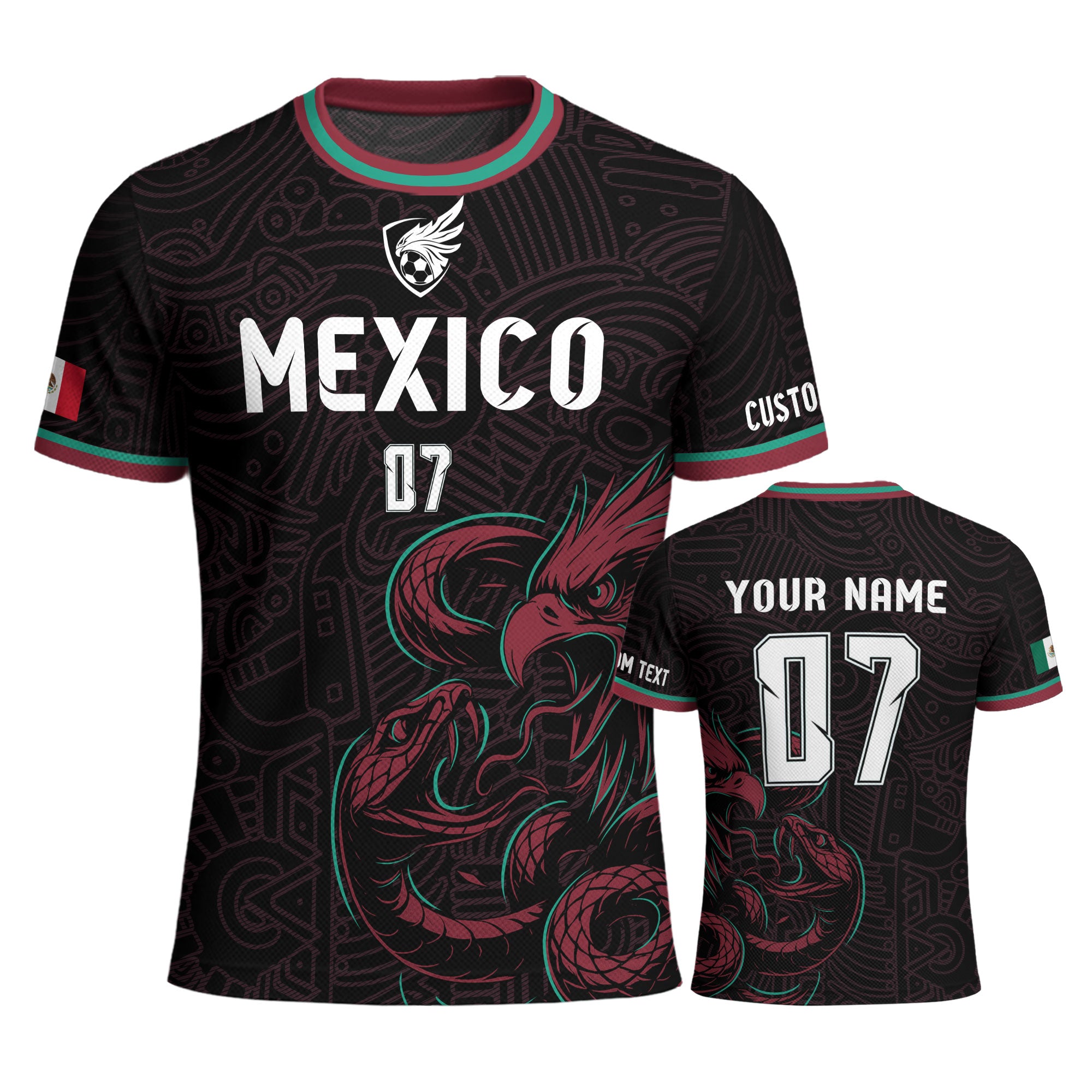 Custom Mexico Black Aztec Eagle Serpent Design Soccer Jersey