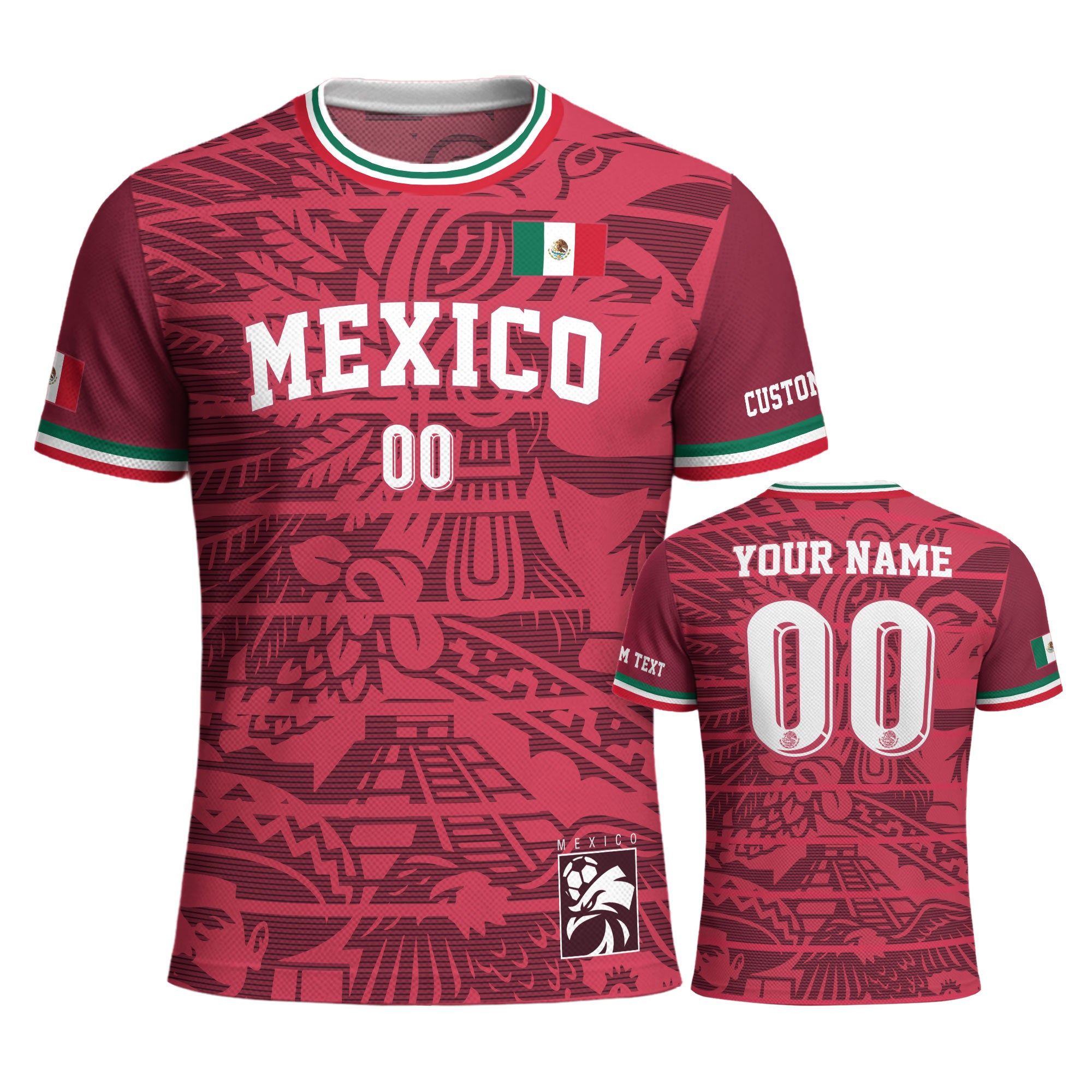 Custom Mexico Burgundy Aztec Pattern Design Soccer Jersey