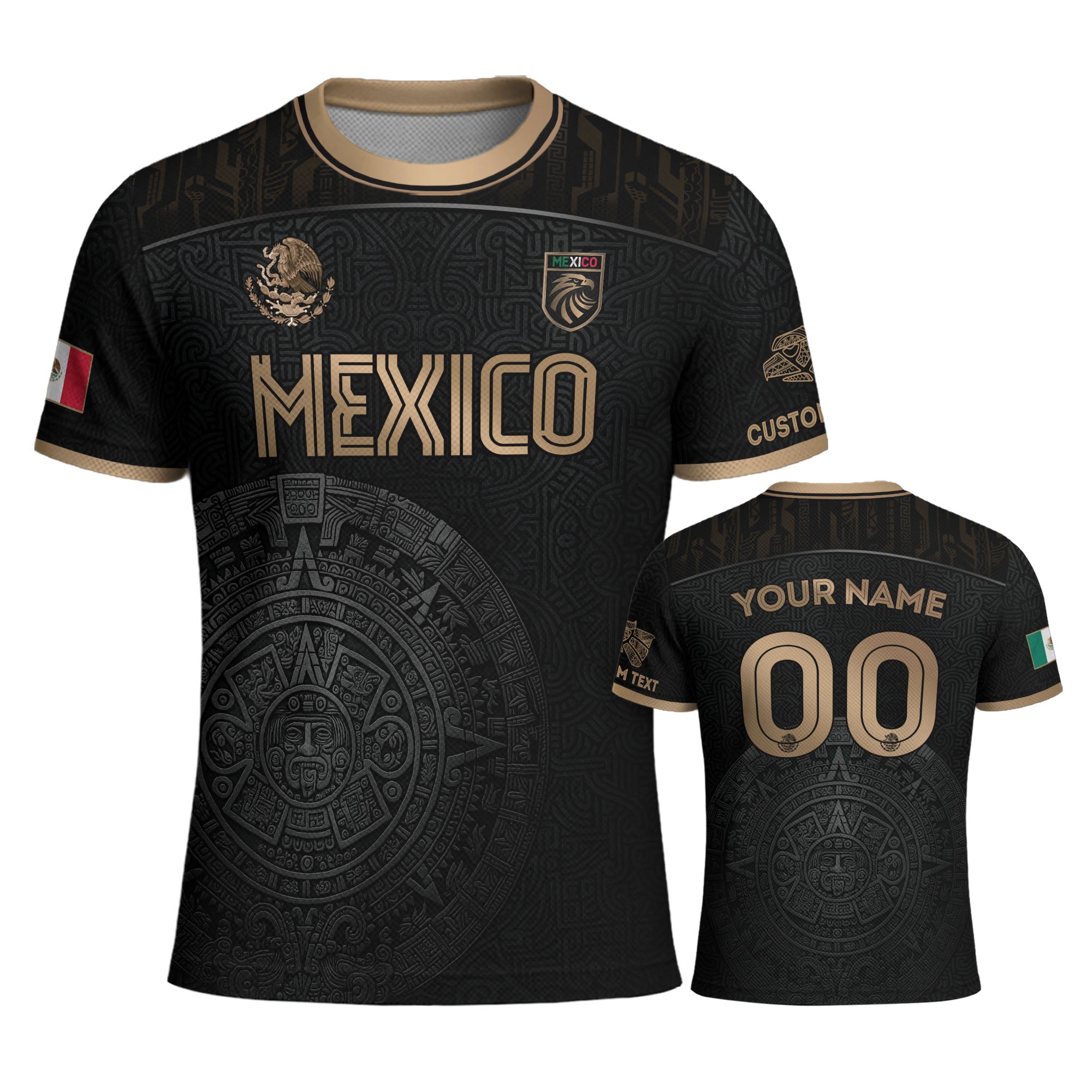 Mexico Custom Soccer Jersey Black Aztec Calendar Gold Edition