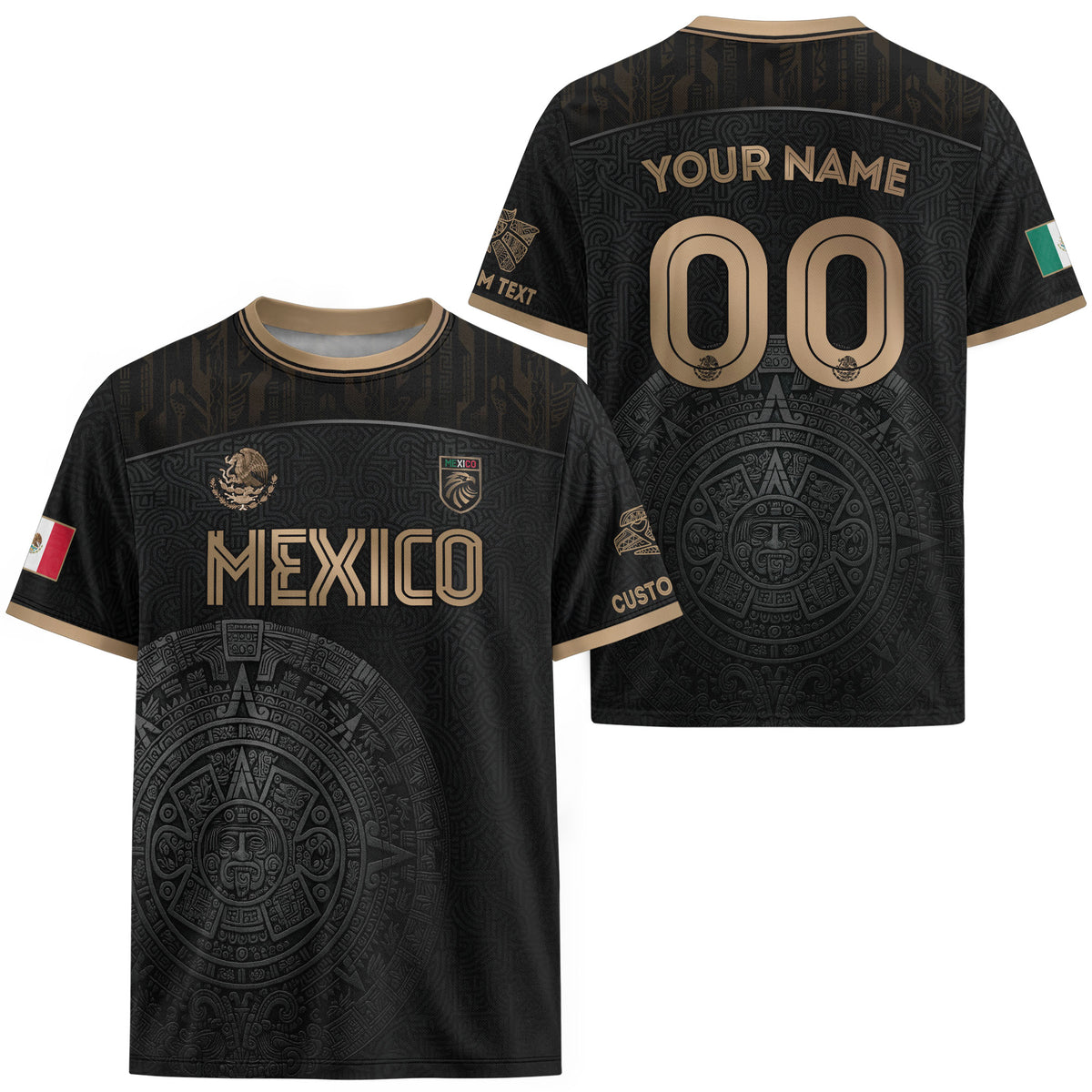 Custom Mexico Black Aztec Calendar Gold Edition Soccer Jersey