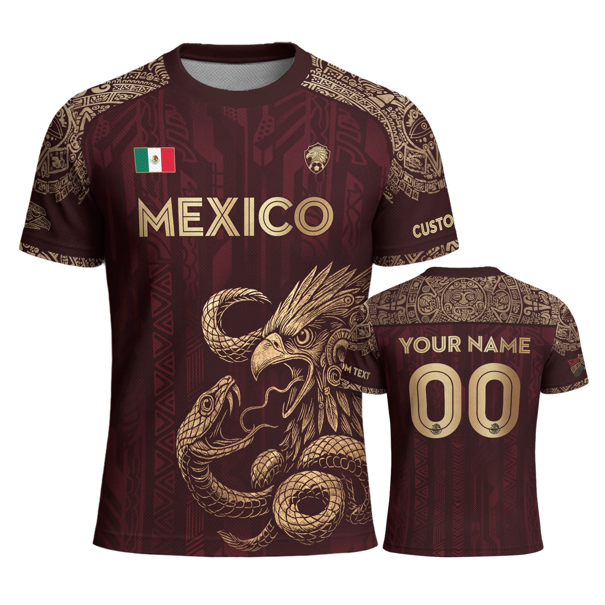 Mexico Custom Soccer Jersey Burgundy Eagle and Serpent Gold Edition
