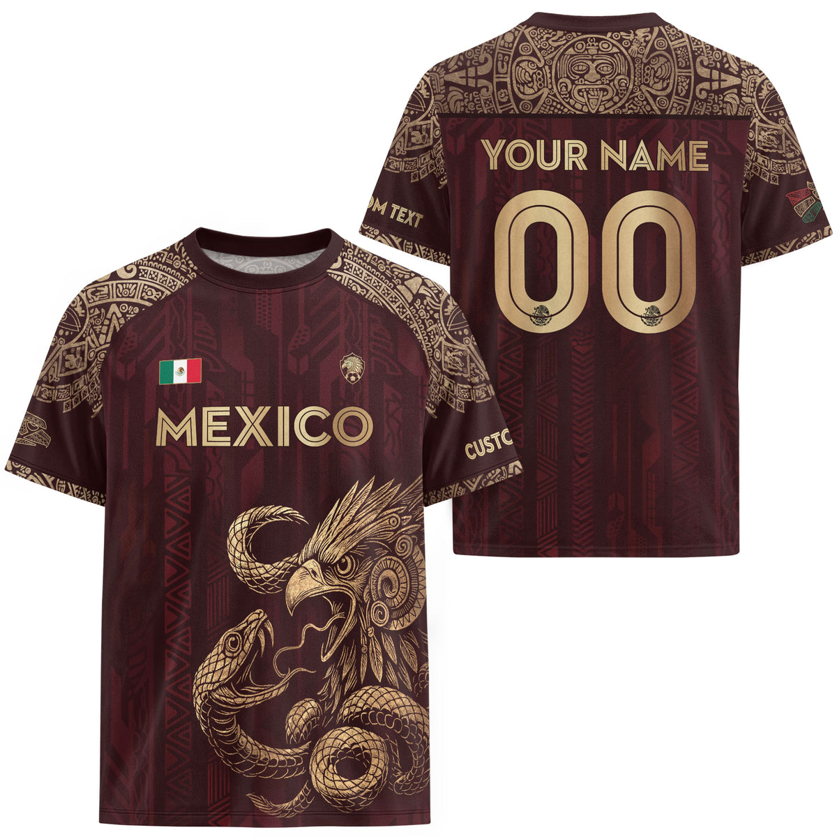 Custom Mexico Burgundy Eagle and Serpent Gold Soccer Jersey