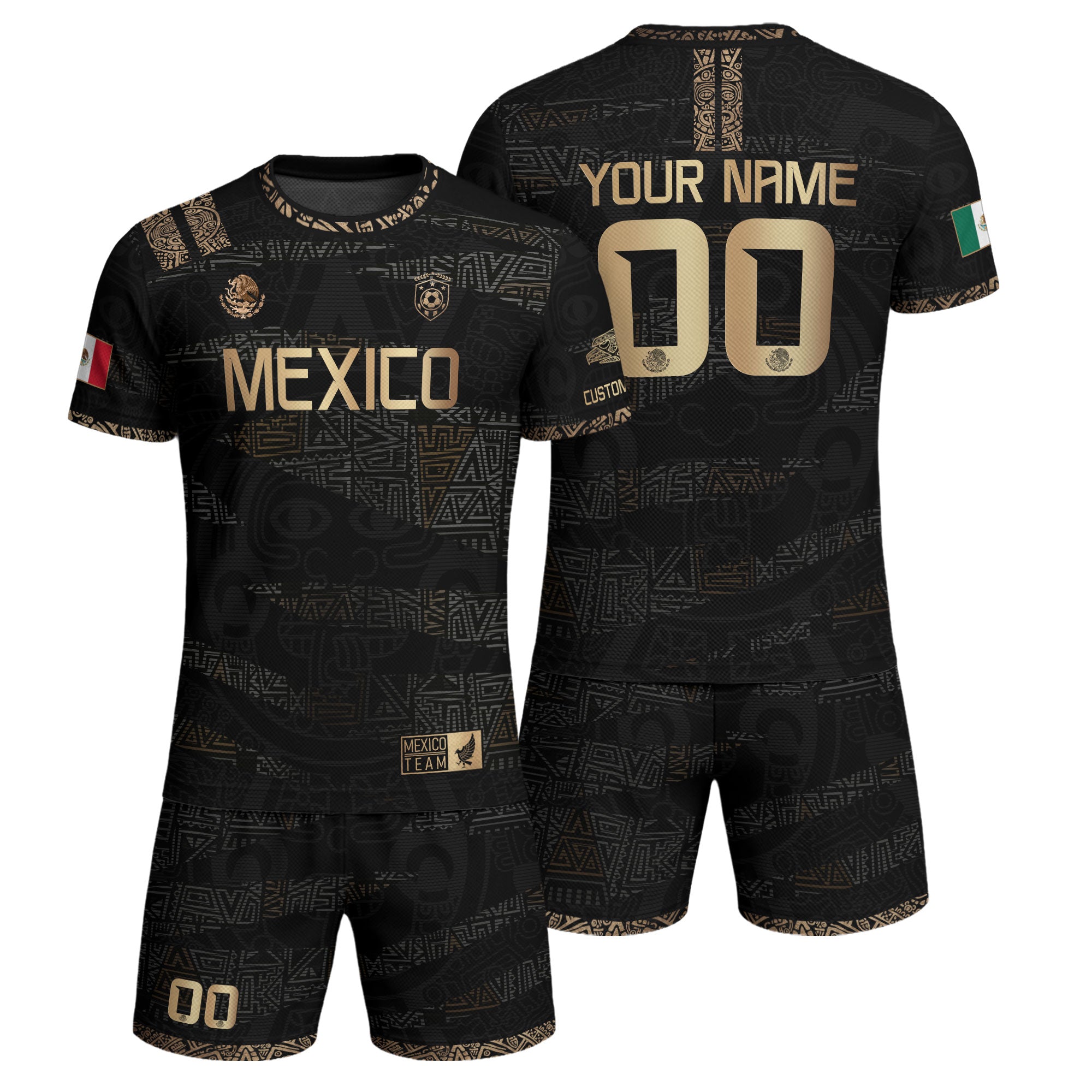 Custom Mexico Soccer Jersey and Shorts Set Black Gold Aztec
