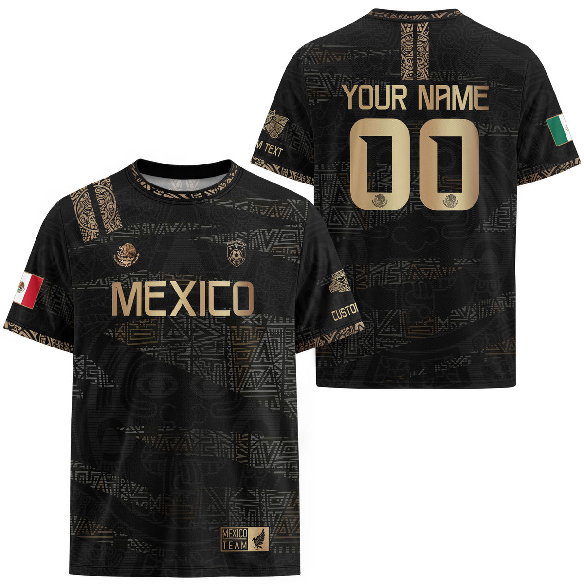 Custom Mexico Soccer Jersey Black Gold Aztec Design upsale