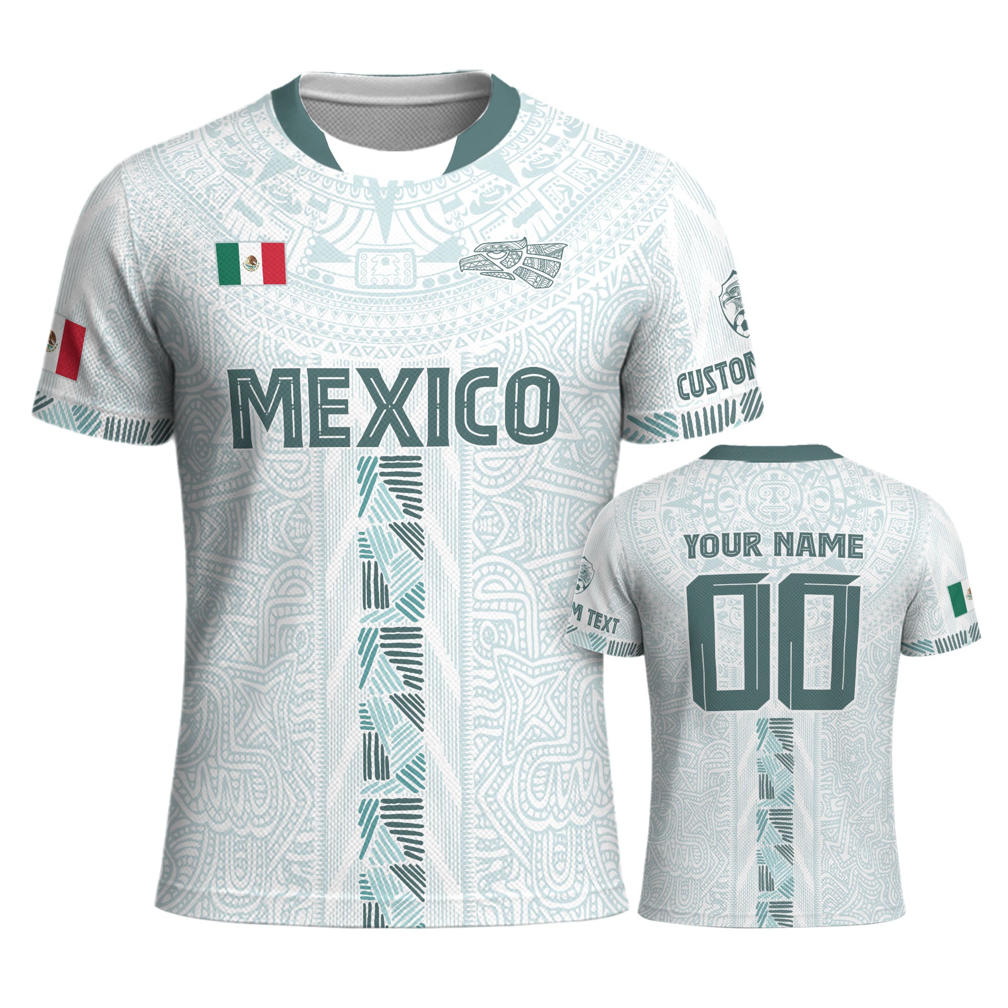Mexico Custom White Soccer Jersey with Aztec Calendar Design