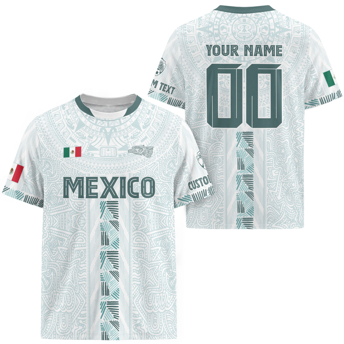 Camiseta de fútbol personalizada de México con diseño de calendario azteca blanco