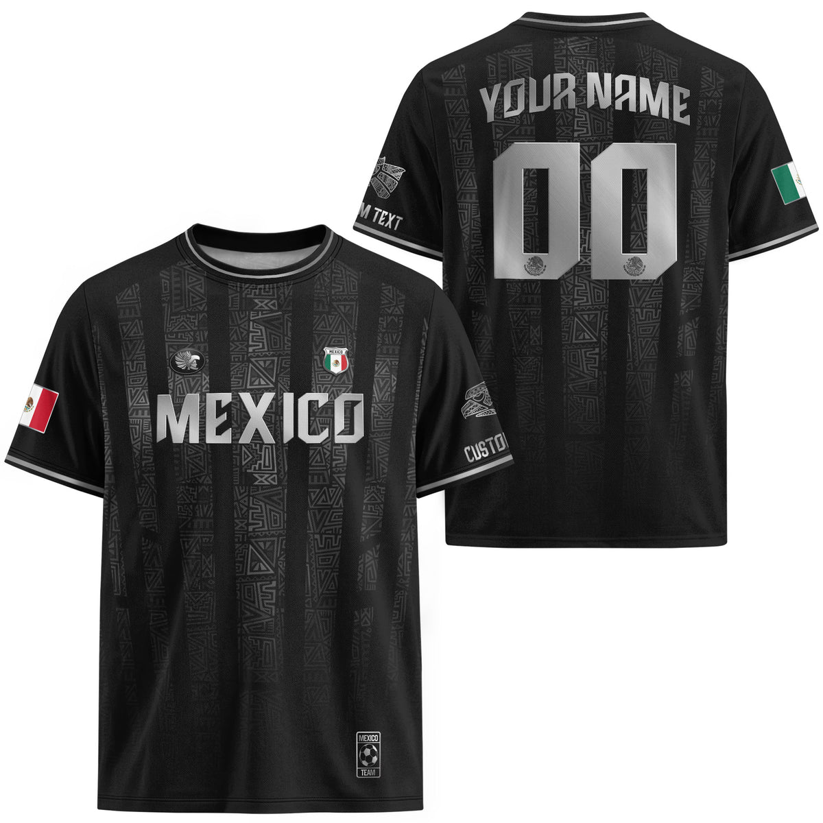 Custom Mexico Black Silver Aztec Pattern Soccer Jersey